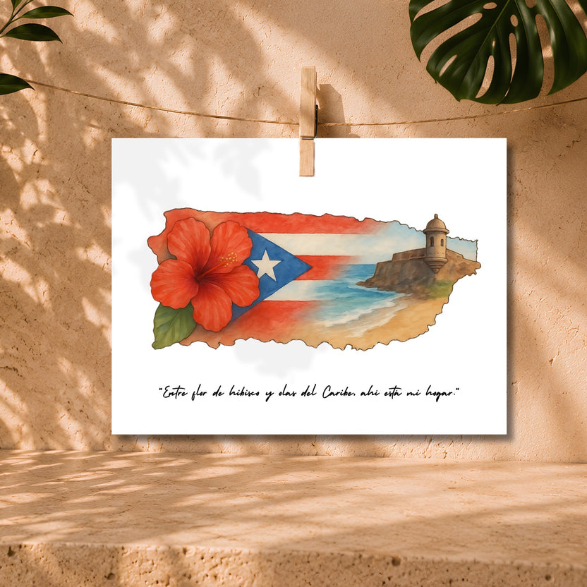 Chévereh Entre Flor digital art print featuring a hibiscus flower, Puerto Rican flag, coastal view, and fort. Text reads "Entre flor de hibiscos y olas del Caribe, ahí está mi hogar."