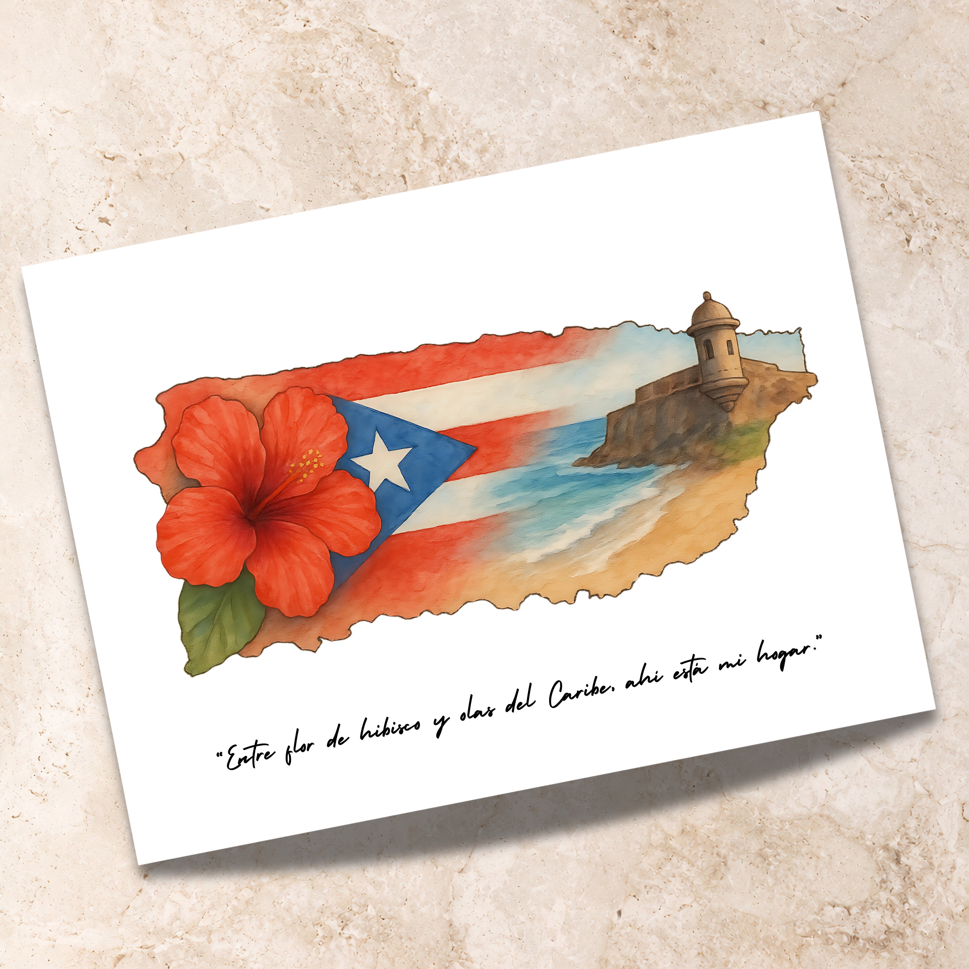 Chévereh Entre Flor digital art print featuring a hibiscus flower, Puerto Rican flag, coastal fort, and Caribbean sea.