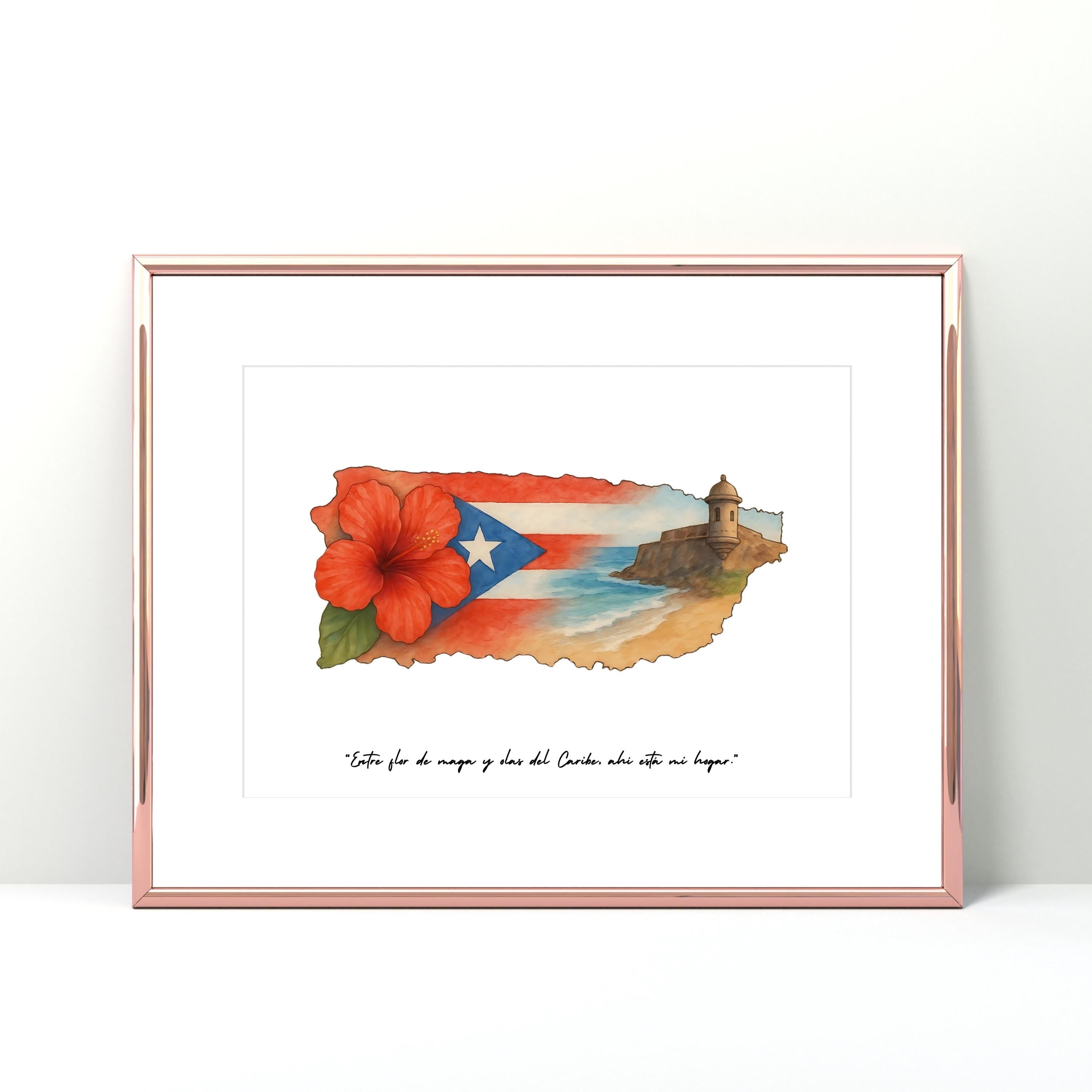 Chévereh Entre Flor digital art print featuring Puerto Rico map silhouette with hibiscus, flag, fort, and beach scene.