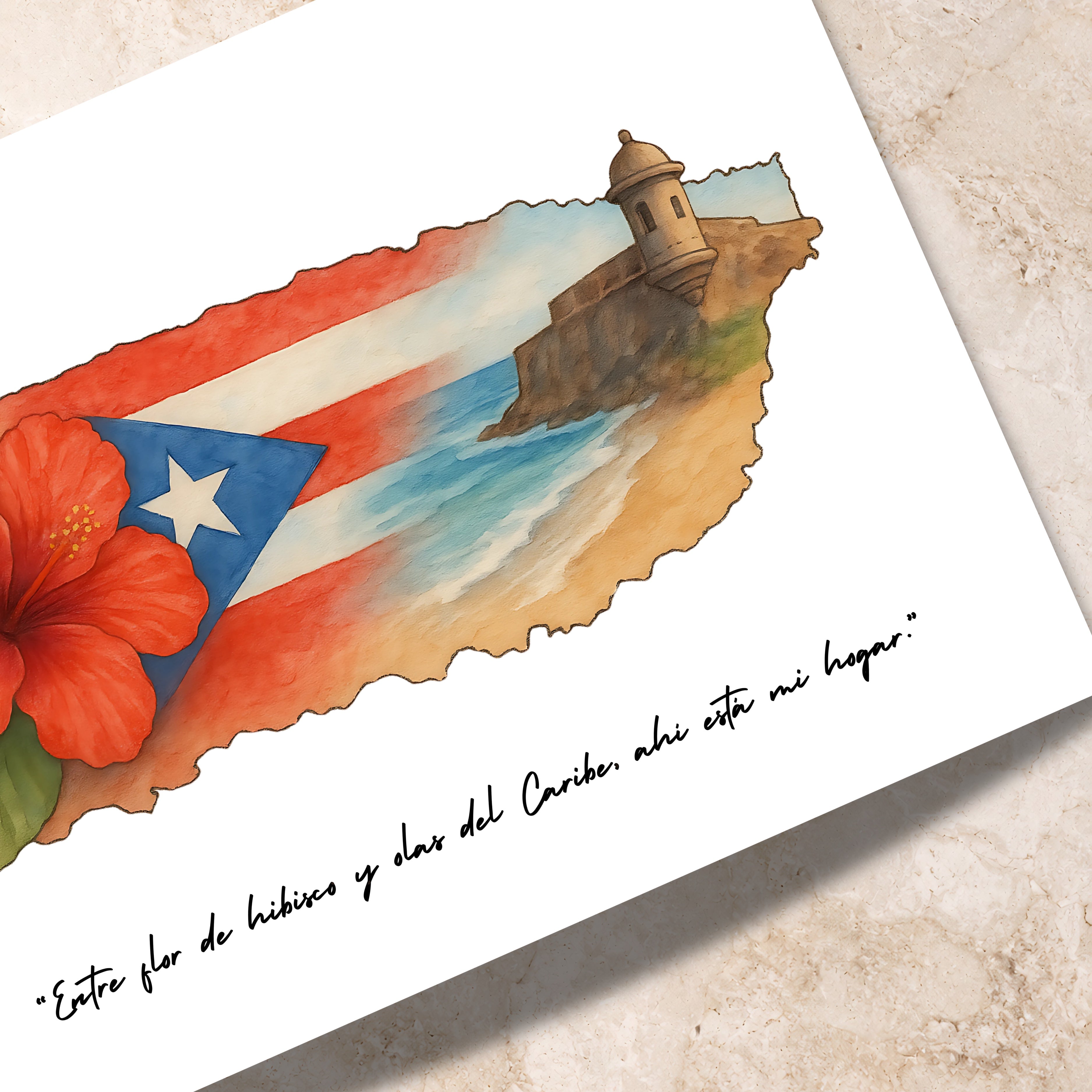 Chévereh Entre Flor digital art print featuring a hibiscus flower, Puerto Rican flag, coastal fort, and Caribbean sea.