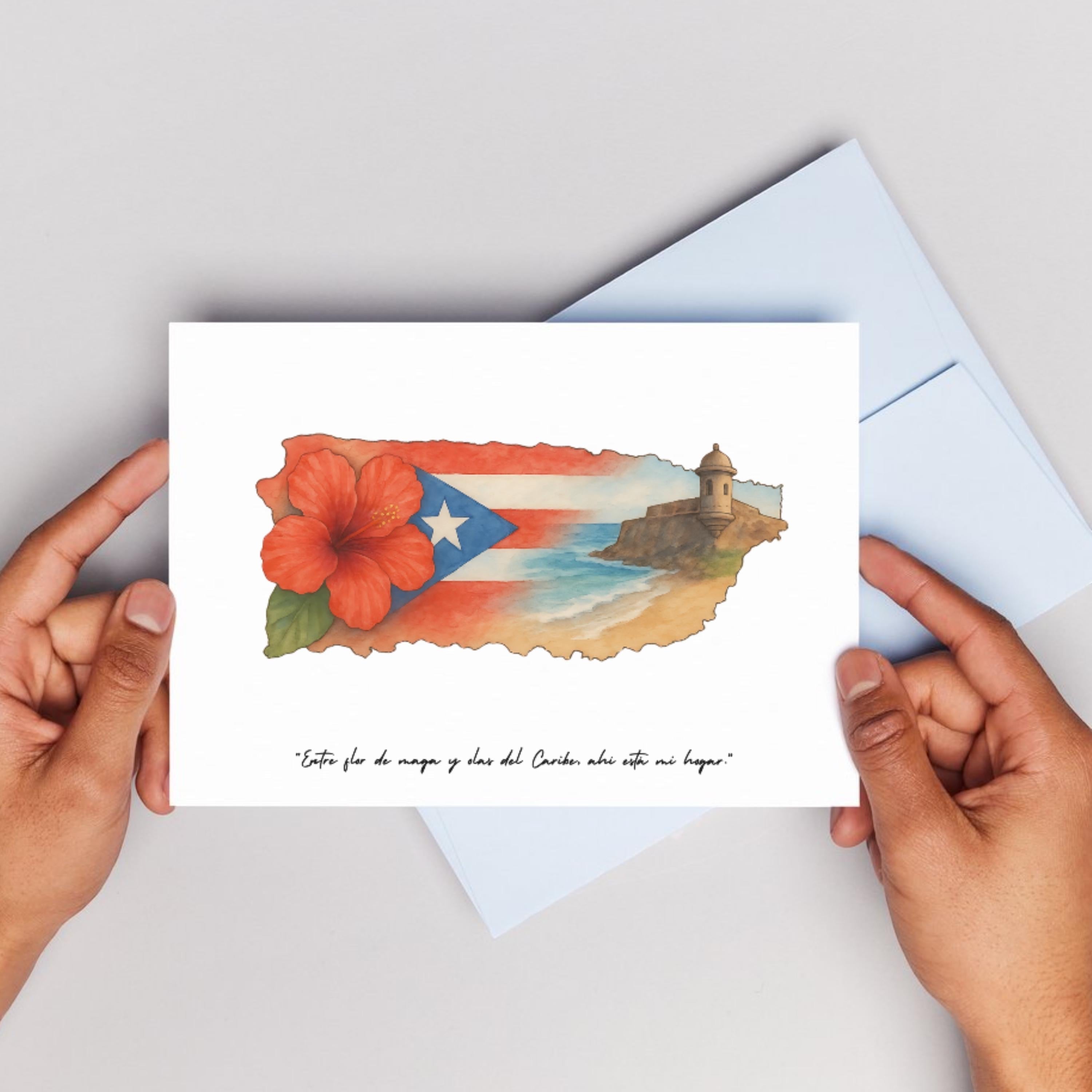 Chévereh Entre Flor digital art print featuring a hibiscus flower, Puerto Rican flag, coastal fort, and Caribbean sea.