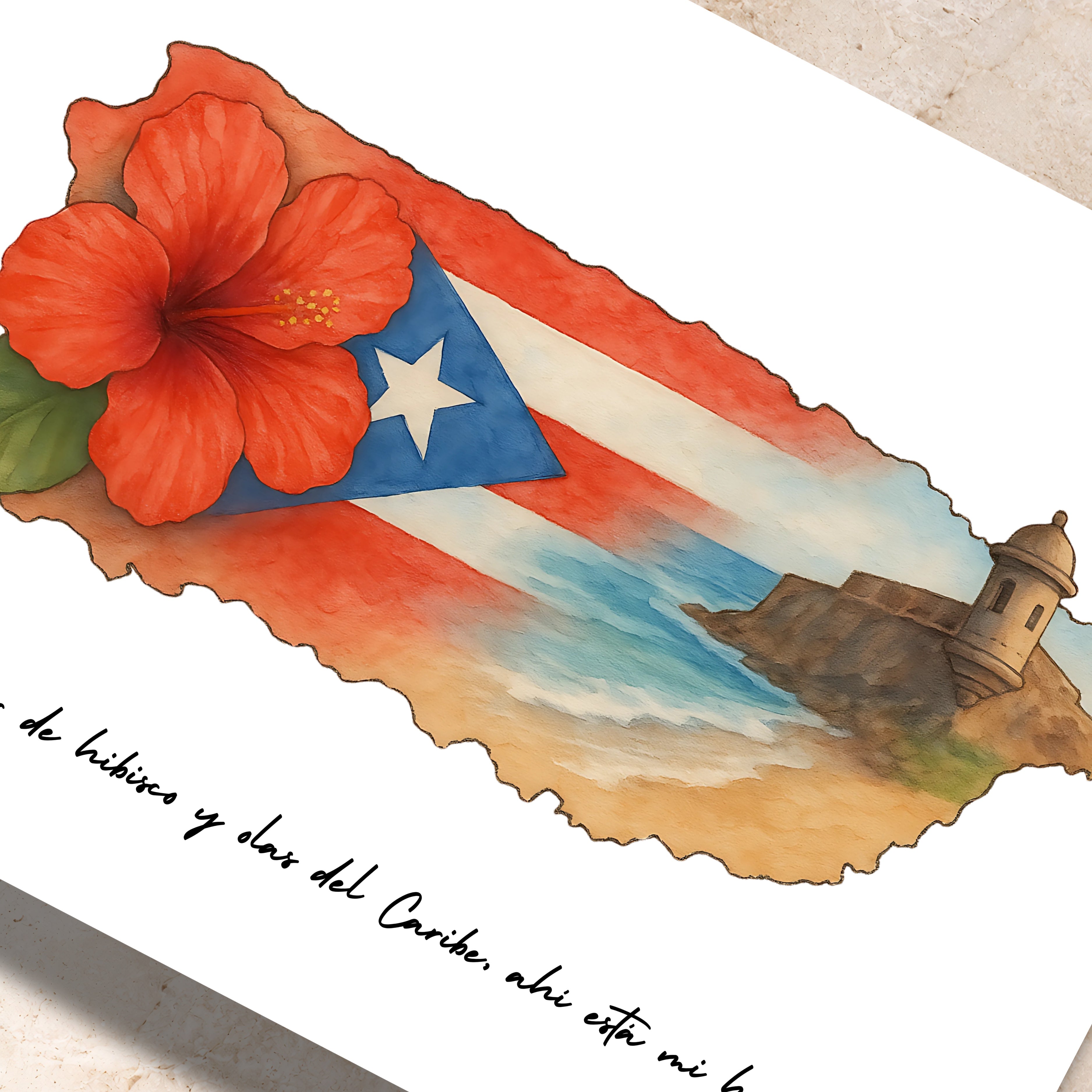 Chévereh Entre Flor digital art print featuring Puerto Rico map silhouette with hibiscus, flag, fort, and Caribbean coast.