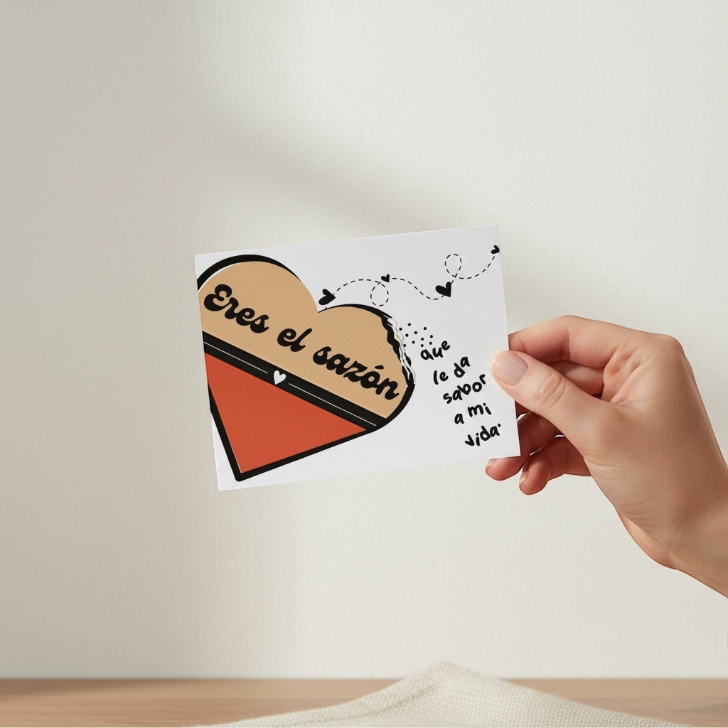 Chévereh Eres el Sazón postcard with heart illustration and Spanish text, held by a hand.