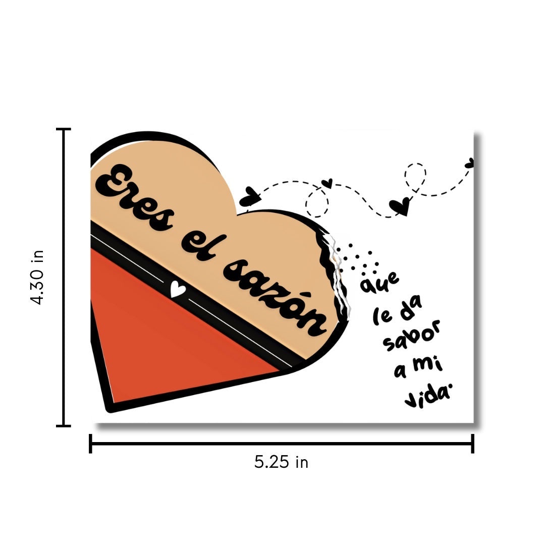 Chévereh Eres el Sazón postcard with a heart illustration in orange and tan, featuring Spanish text and small hearts.