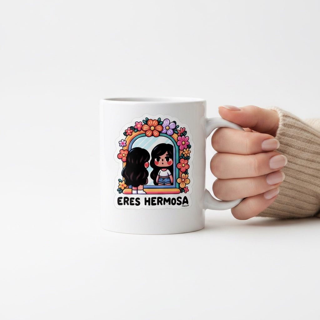 Chévereh Eres Hermosa vinyl sticker with colorful floral mirror illustration and Spanish affirmation. Waterproof glossy finish.