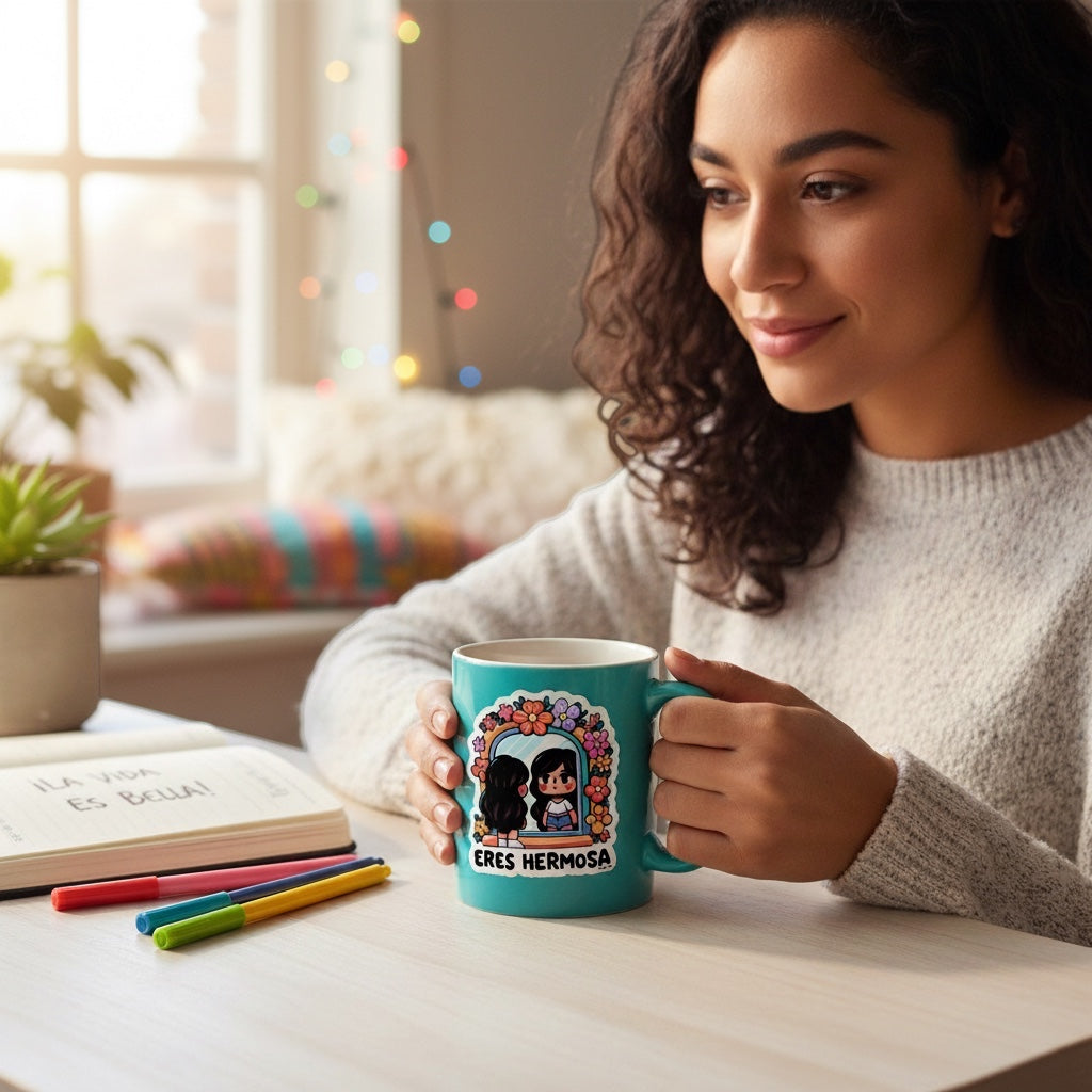 Chévereh Vinyl sticker with "Eres Hermosa" text and colorful floral mirror illustration on a teal mug held by a woman.