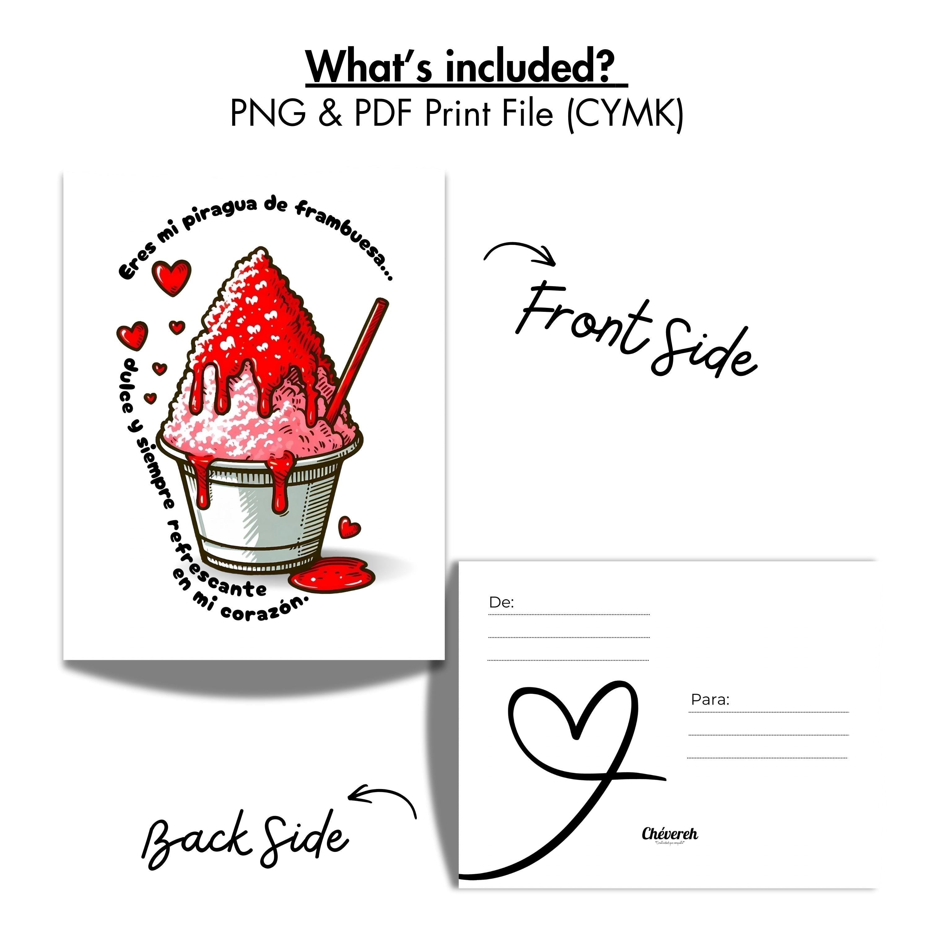 Chévereh digital postcard featuring a raspberry piragua illustration with romantic Spanish text and heart accents.