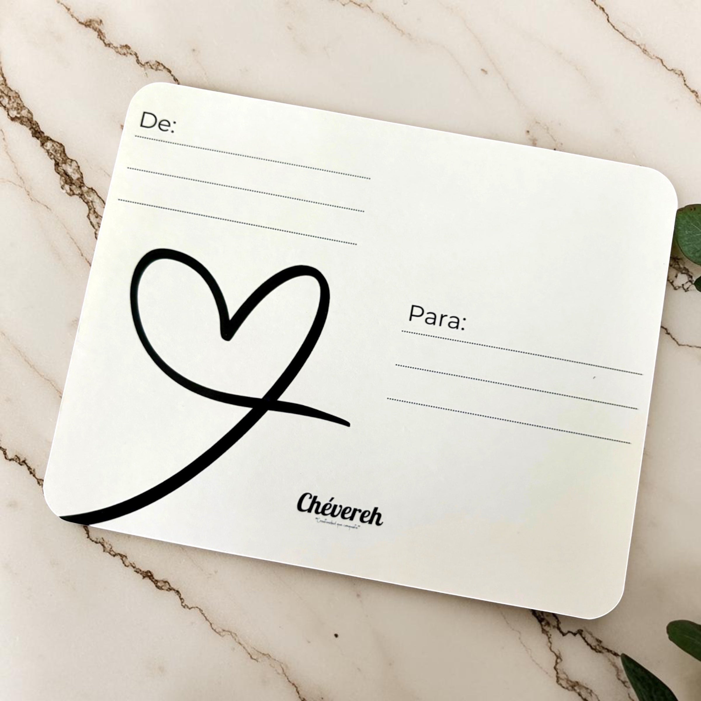Back of Chévereh Eres Mi Piragua postcard with De and Para lines, a black heart icon, and rounded corners.