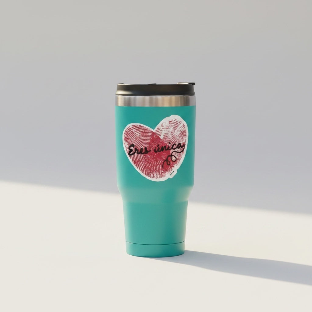 Chévereh Eres única vinyl sticker with fingerprint heart on a teal tumbler held by a smiling woman.