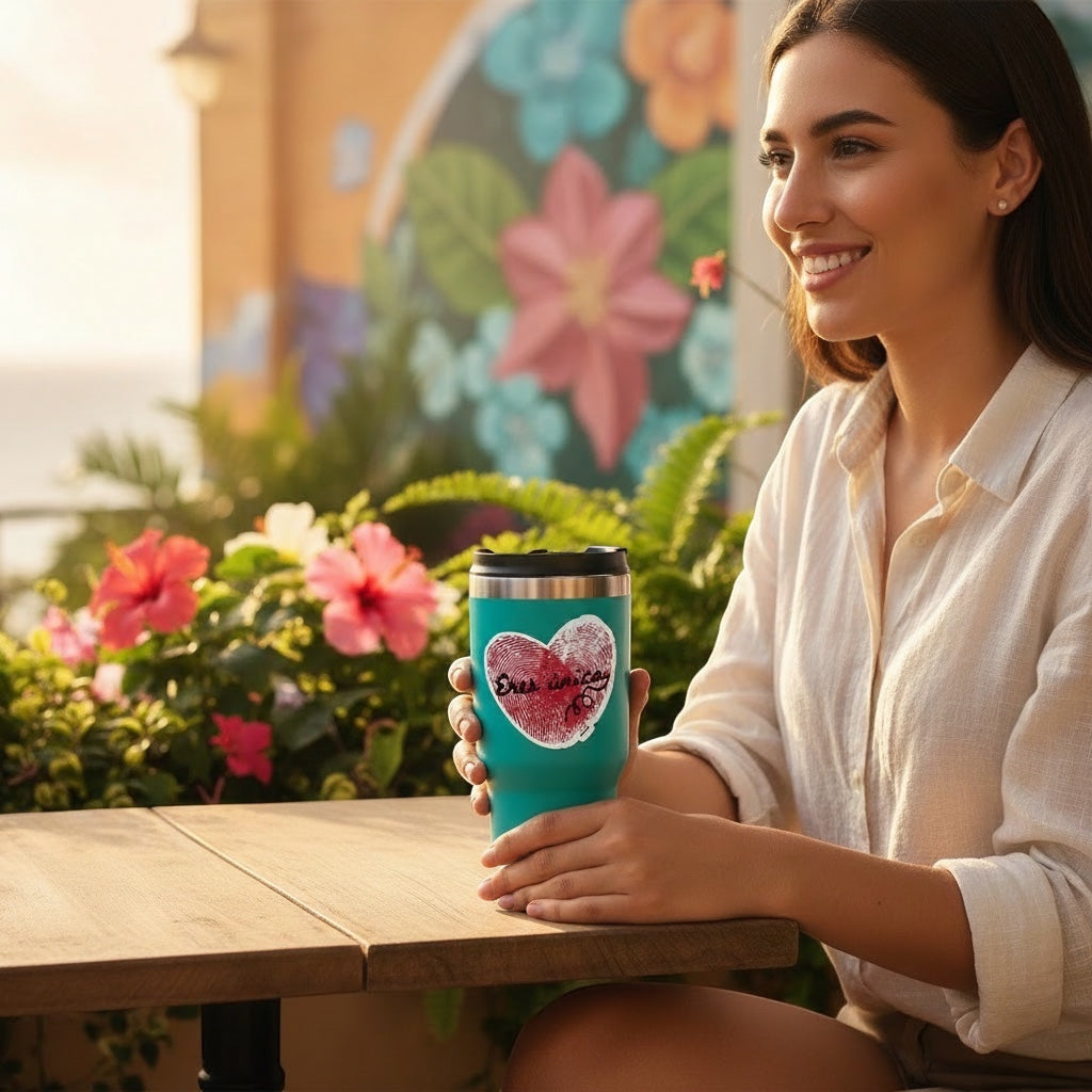 Chévereh Eres única vinyl sticker with fingerprint heart on a teal tumbler held by a smiling woman.