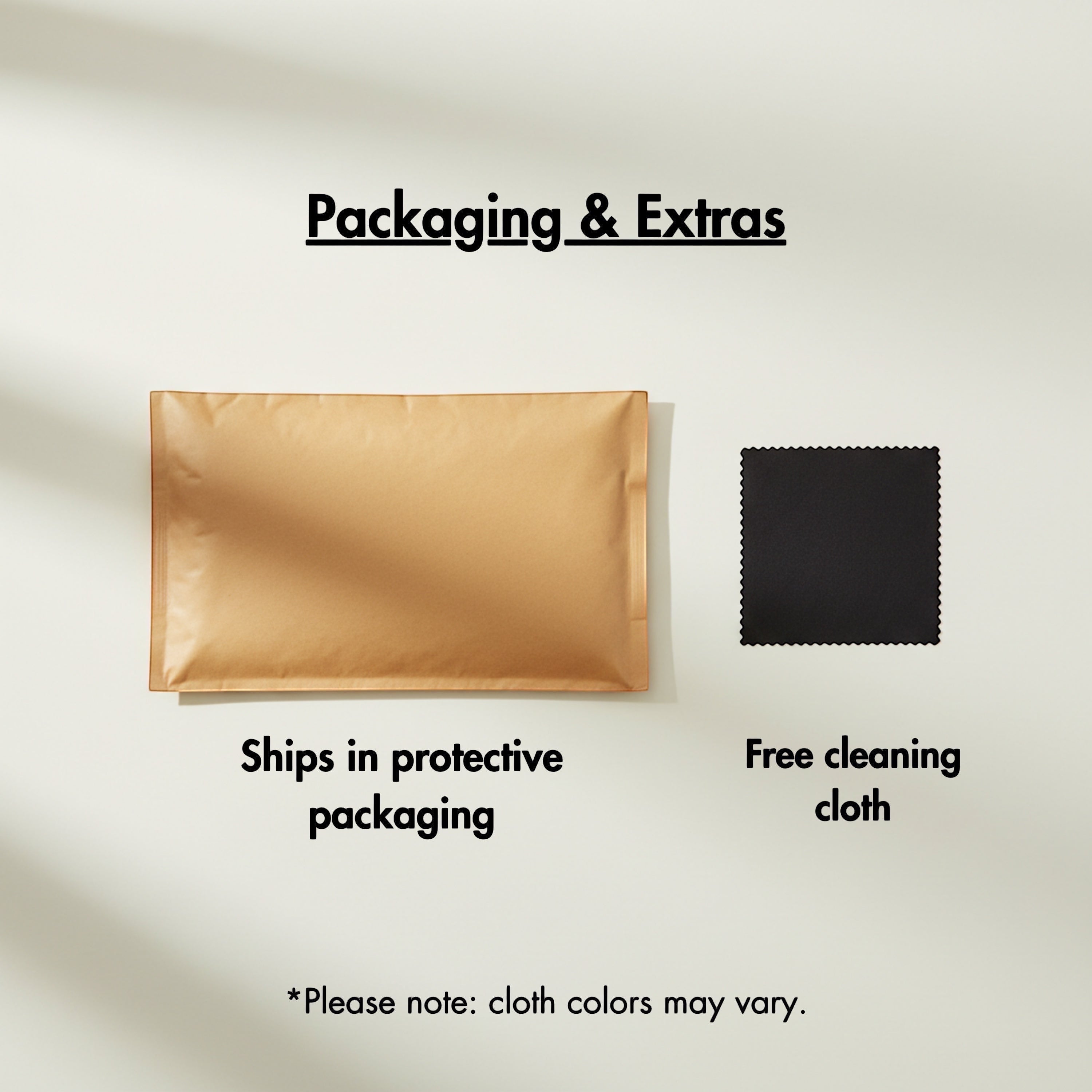 Chévereh Floral Beaded Chain Necklace packaging and extras: protective shipping envelope and black cleaning cloth.
