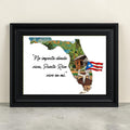 Chévereh digital art print of Florida outline with Puerto Rican flag, tropical scenery, and Boricua quote in frame.