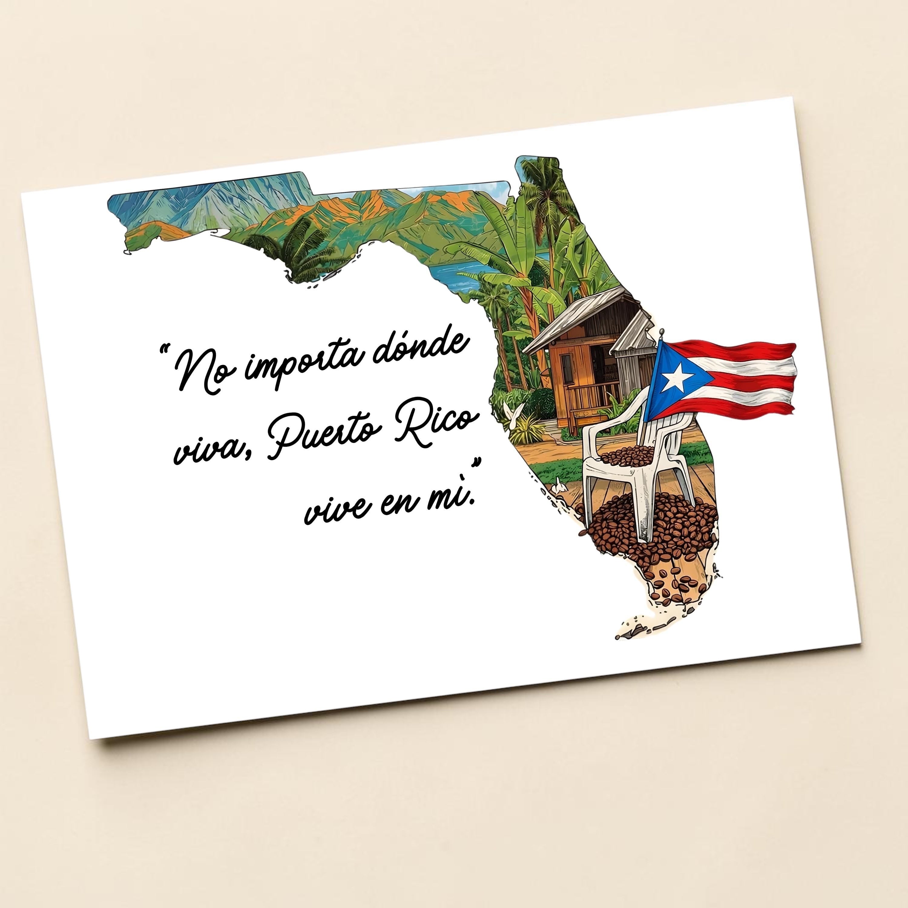 Chévereh digital art print featuring a Florida map outline with Puerto Rican flag, tropical scenery, and Spanish text.