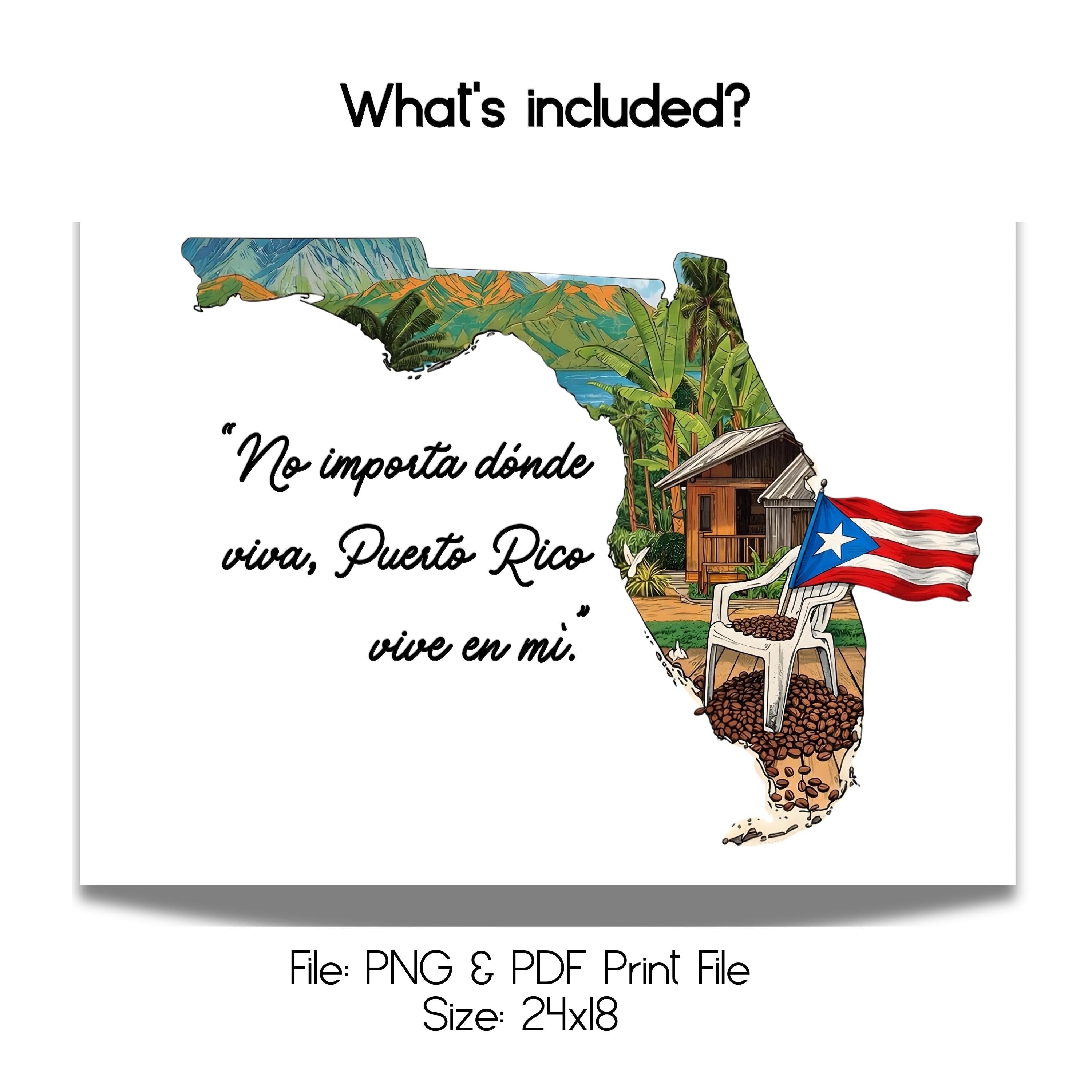 Chévereh digital art print featuring a Florida map outline with tropical scenery, Puerto Rican flag, and Spanish text.