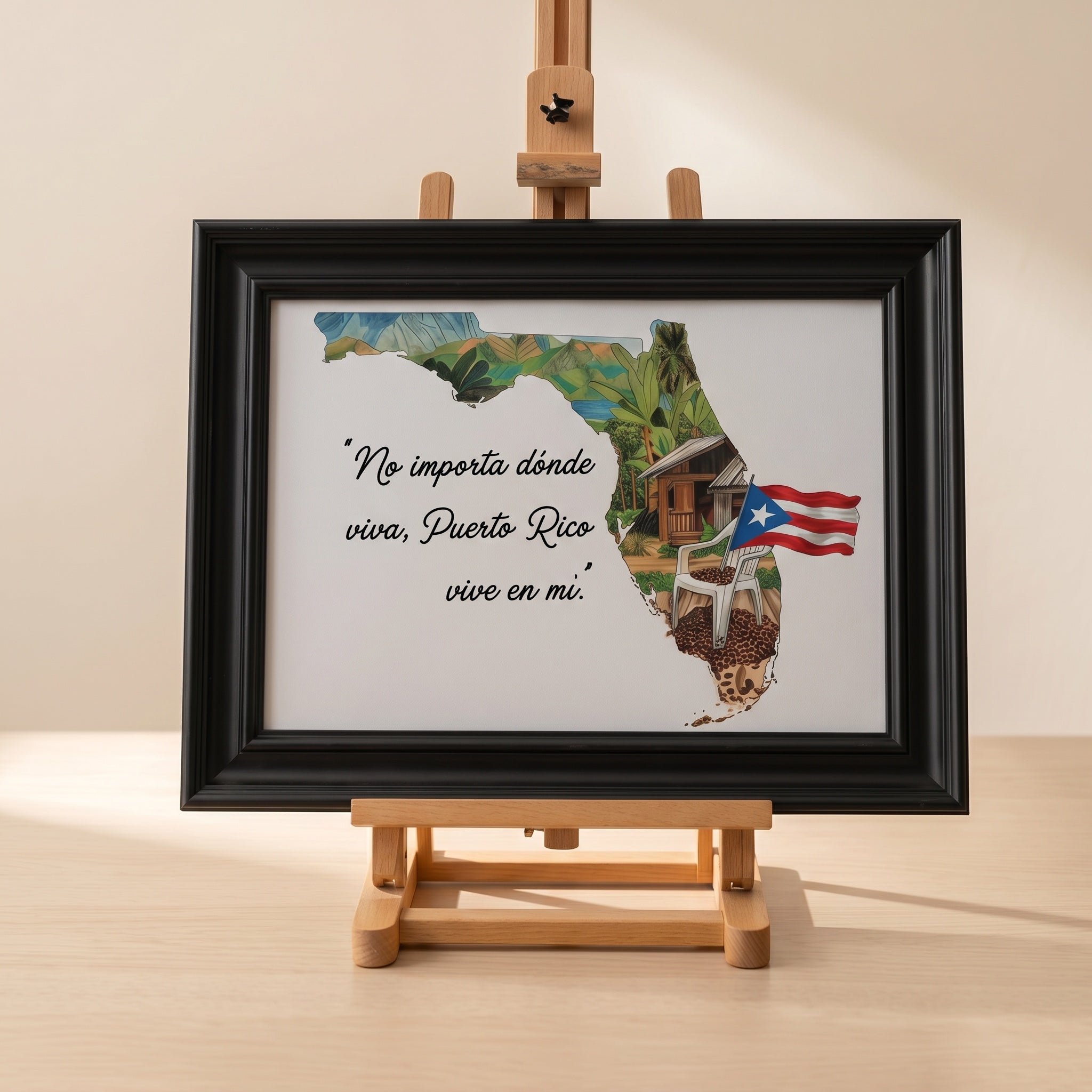 Chévereh Florida map art print featuring Puerto Rican flag, tropical scenery, and Spanish text in a black frame.