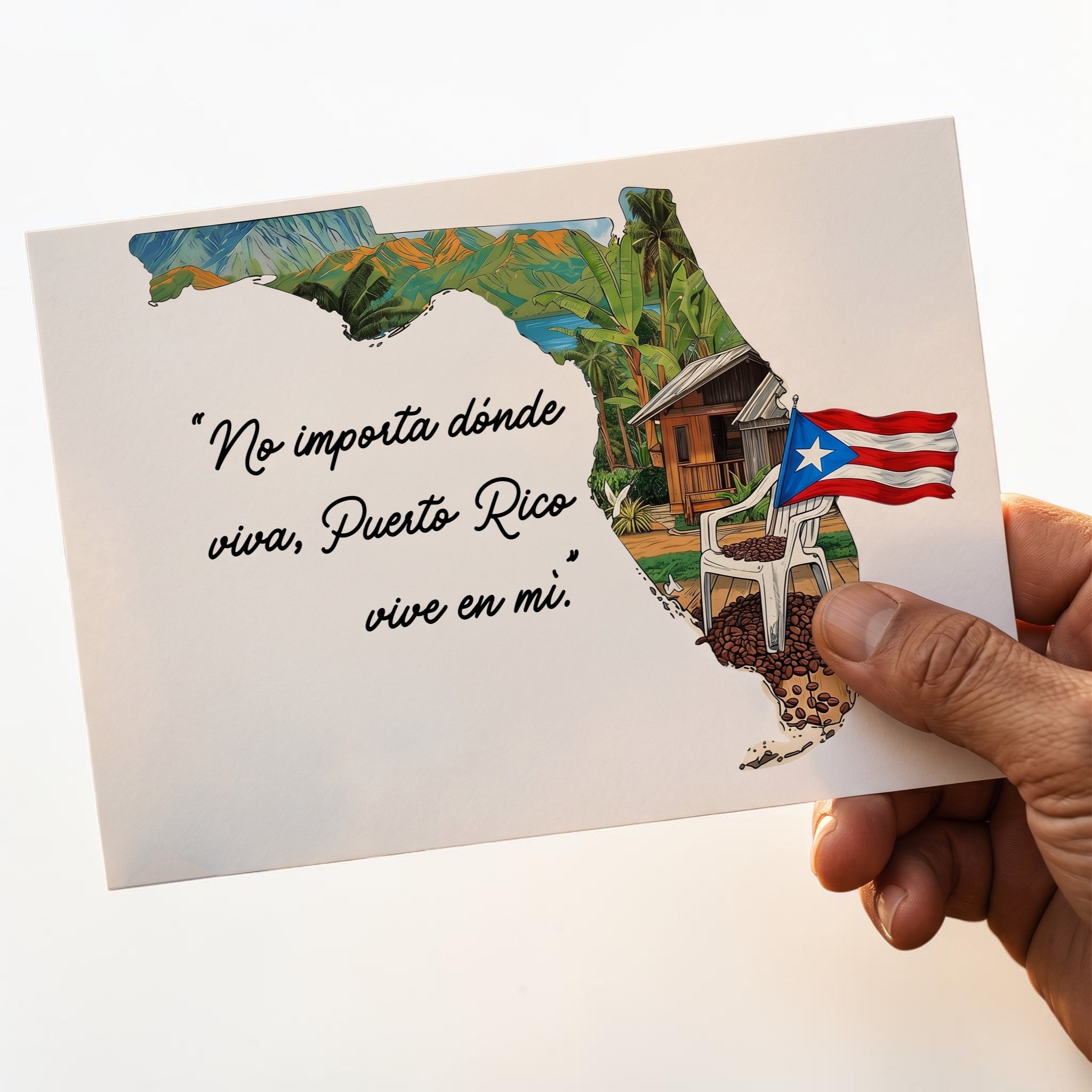 Chévereh Florida map art print featuring tropical Puerto Rican scenery, the Boricua flag, and inspirational text.