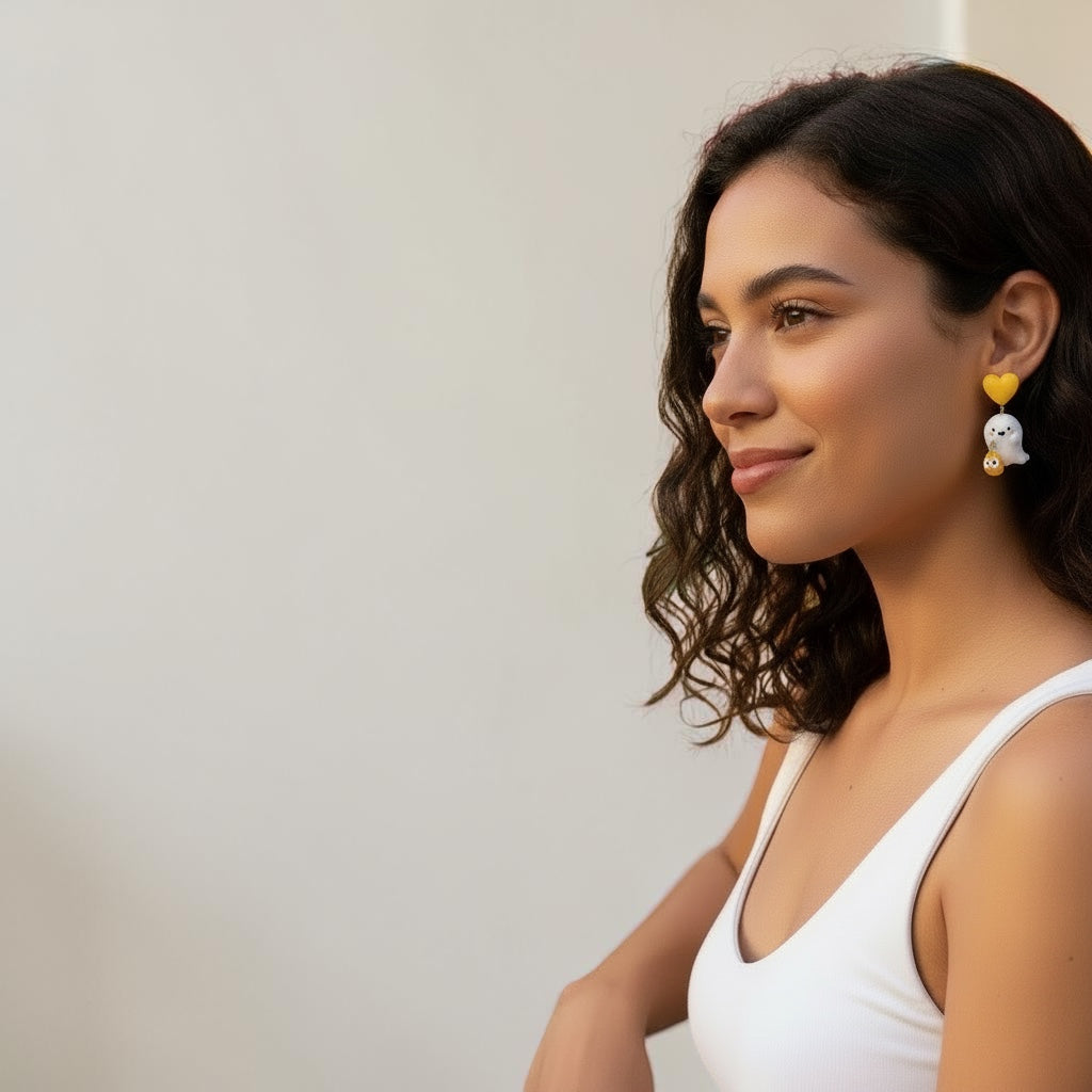 Chévereh Ghost and Pumpkin Earrings with yellow hearts, perfect for Halloween.