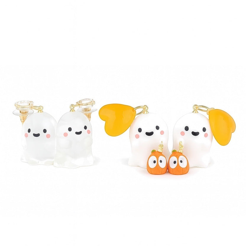 Chévereh Ghost and Pumpkin earrings with cute faces and orange accents, perfect for Halloween.