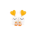 Chévereh Ghost and Pumpkin Earrings with yellow hearts, featuring white ghost charms and orange pumpkin charms.