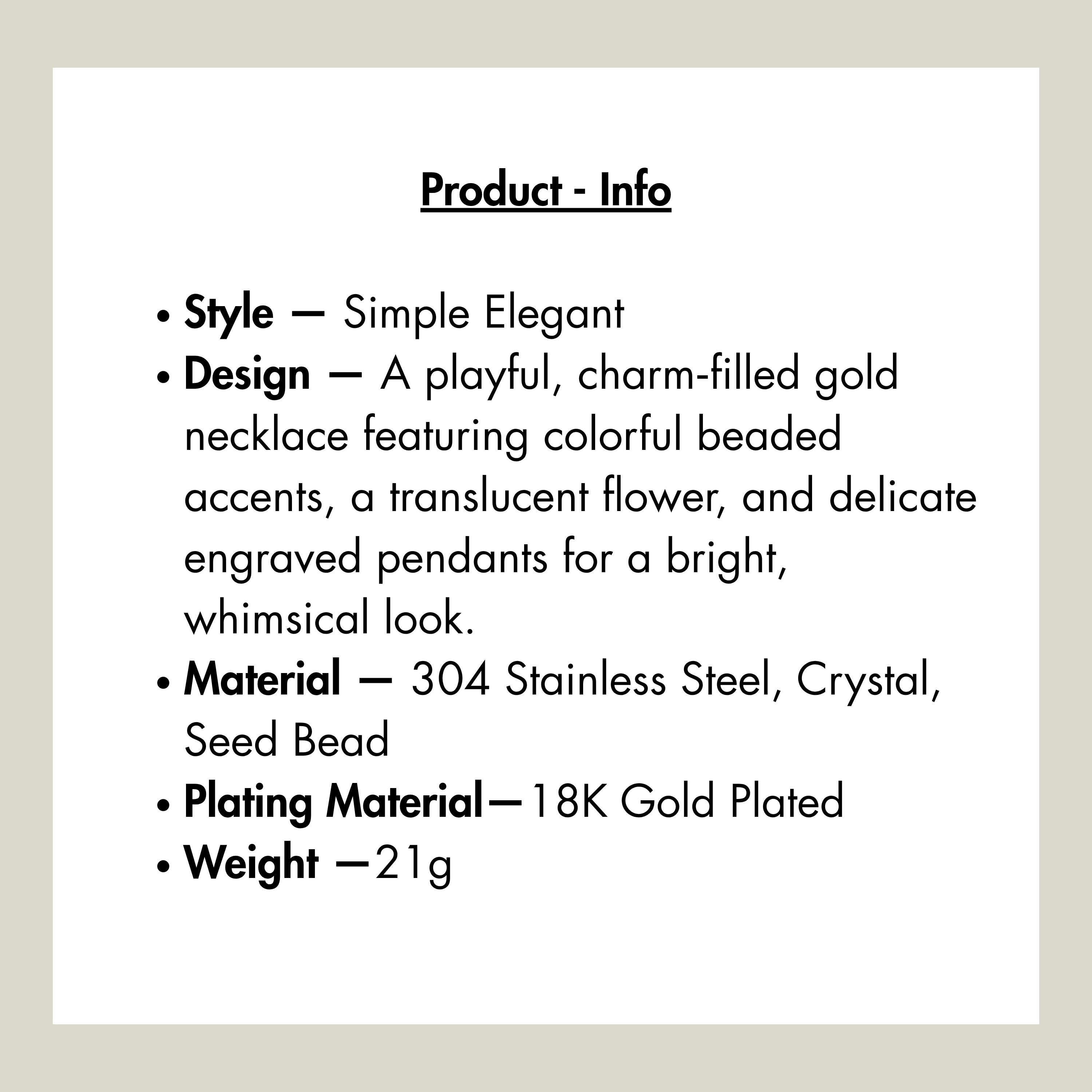 Chévereh gold-tone paperclip chain necklace with flower, butterfly charms and colorful seed beads. 18K gold plated stainless steel.