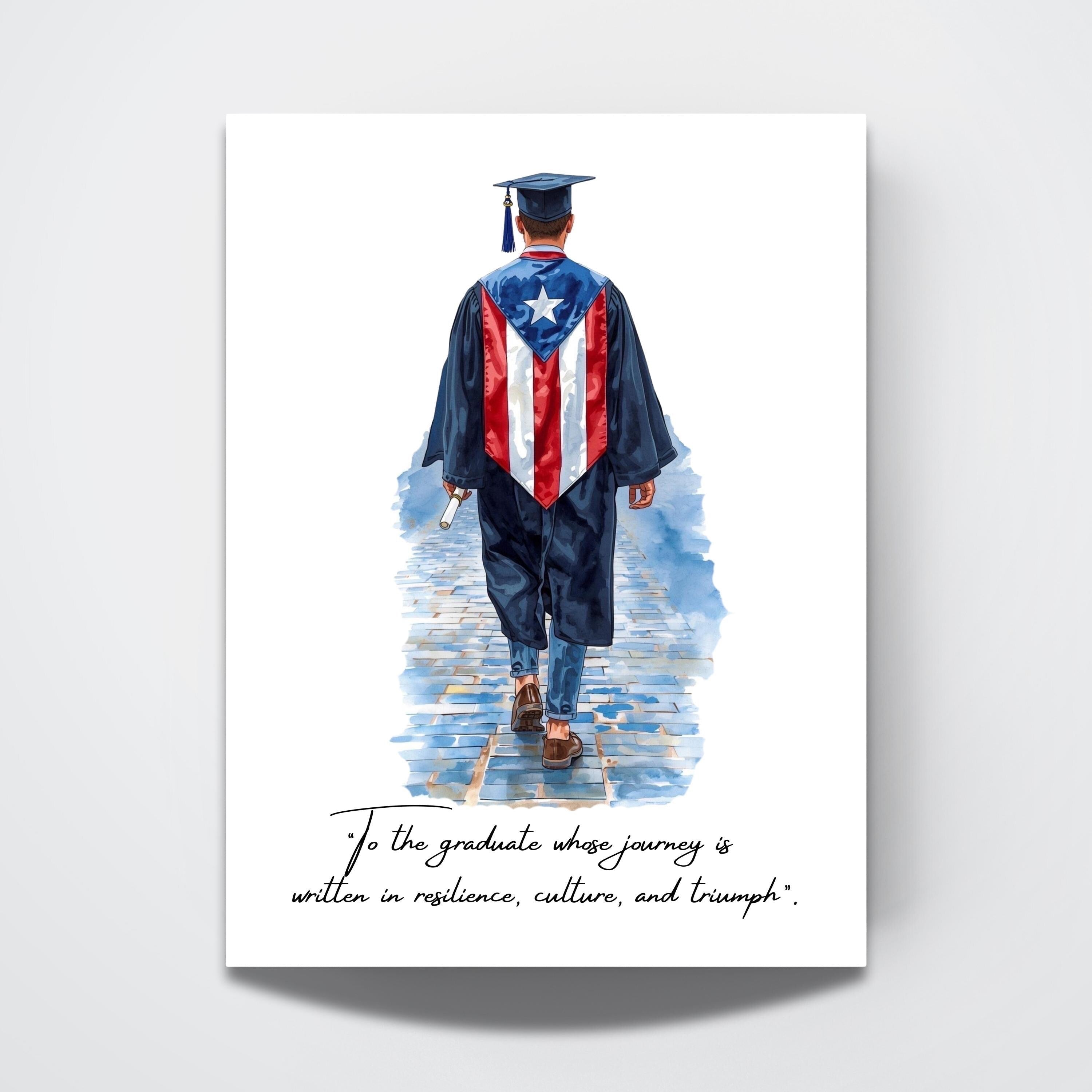 Chévereh Graduation Poster (Male Version) watercolor print of a graduate in cap and gown with Puerto Rican flag on back, holding diploma.
