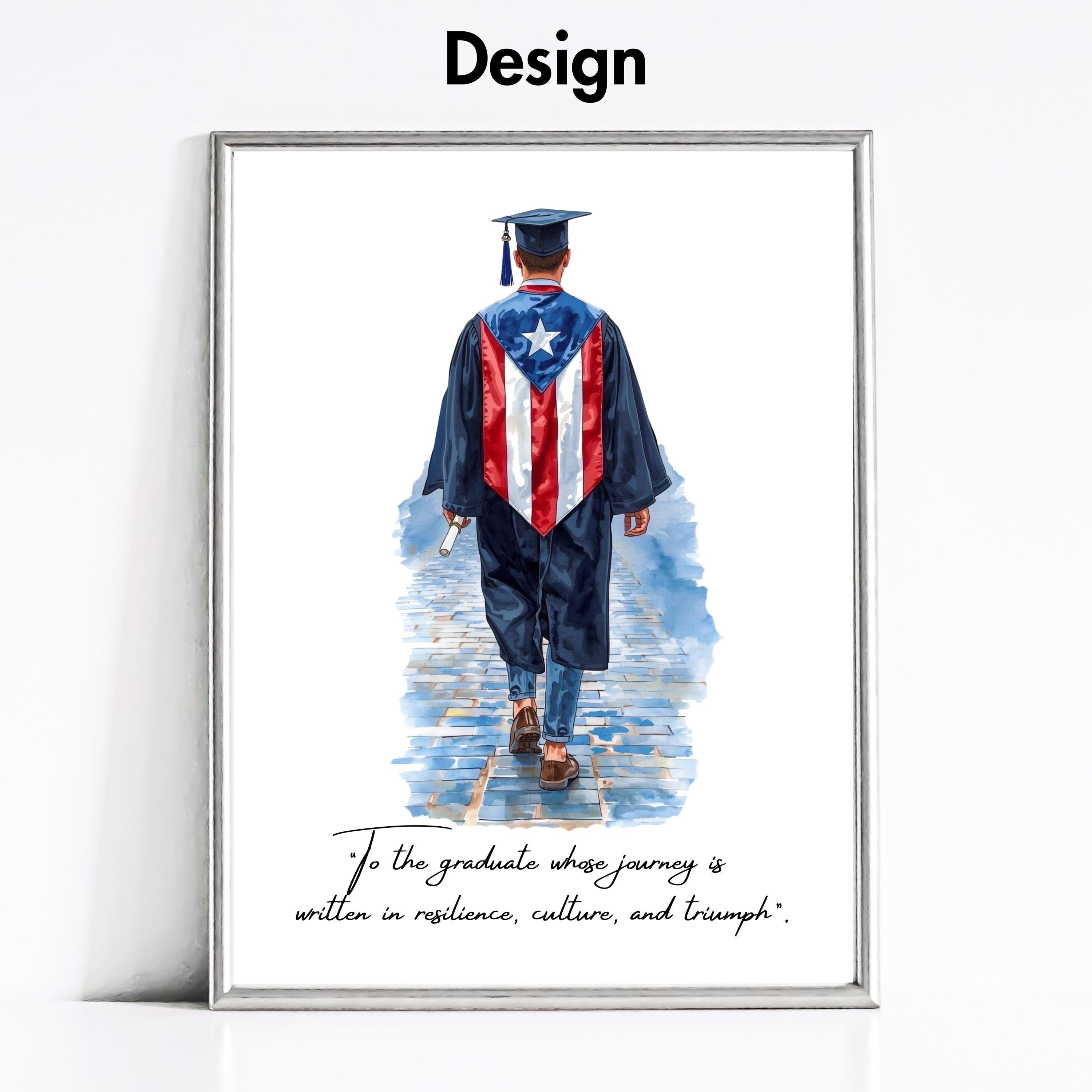 Chévereh Graduation Poster (Male Version) - Digital Art Print featuring a graduate in a cap and gown with a Puerto Rican flag on the back.