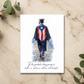 Chévereh Graduation Poster (Male Version) watercolor print of graduate in cap and gown with Puerto Rican flag on back, holding diploma.