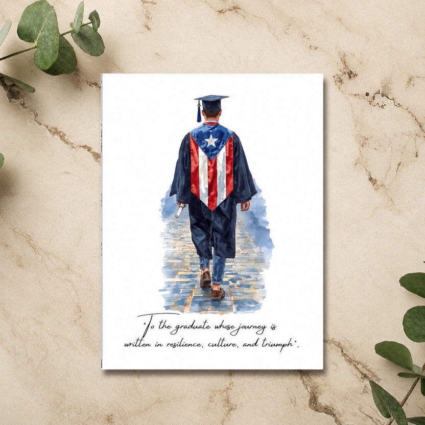 Chévereh Graduation Poster (Male Version) watercolor print of graduate in cap and gown with Puerto Rican flag on back, holding diploma.