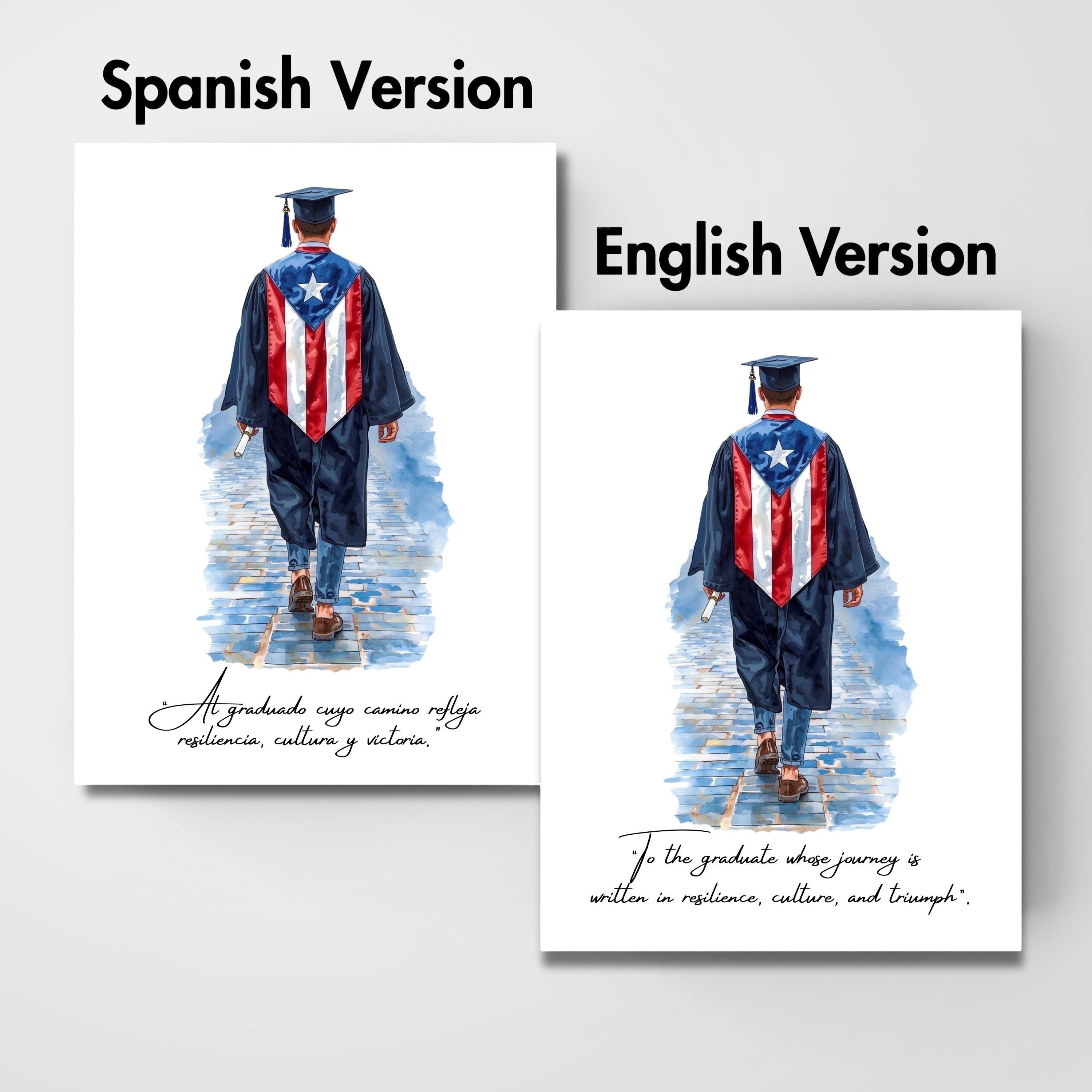 Chévereh Graduation Poster (Male Version) - Digital art print of a male graduate in cap and gown, walking away with diploma, Puerto Rican flag on back.