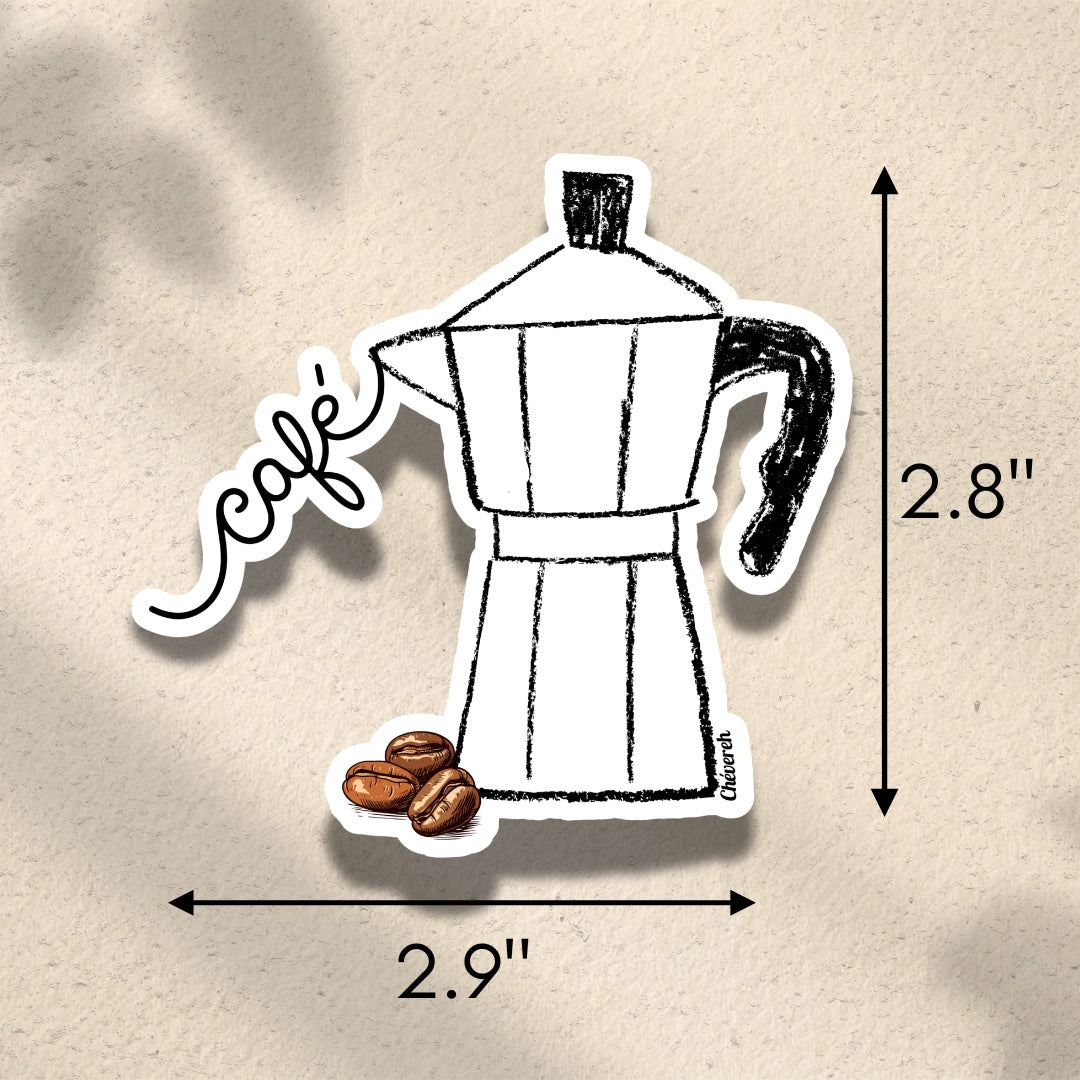Chévereh Greca sticker with "café" text and coffee beans. Waterproof vinyl with glossy finish.