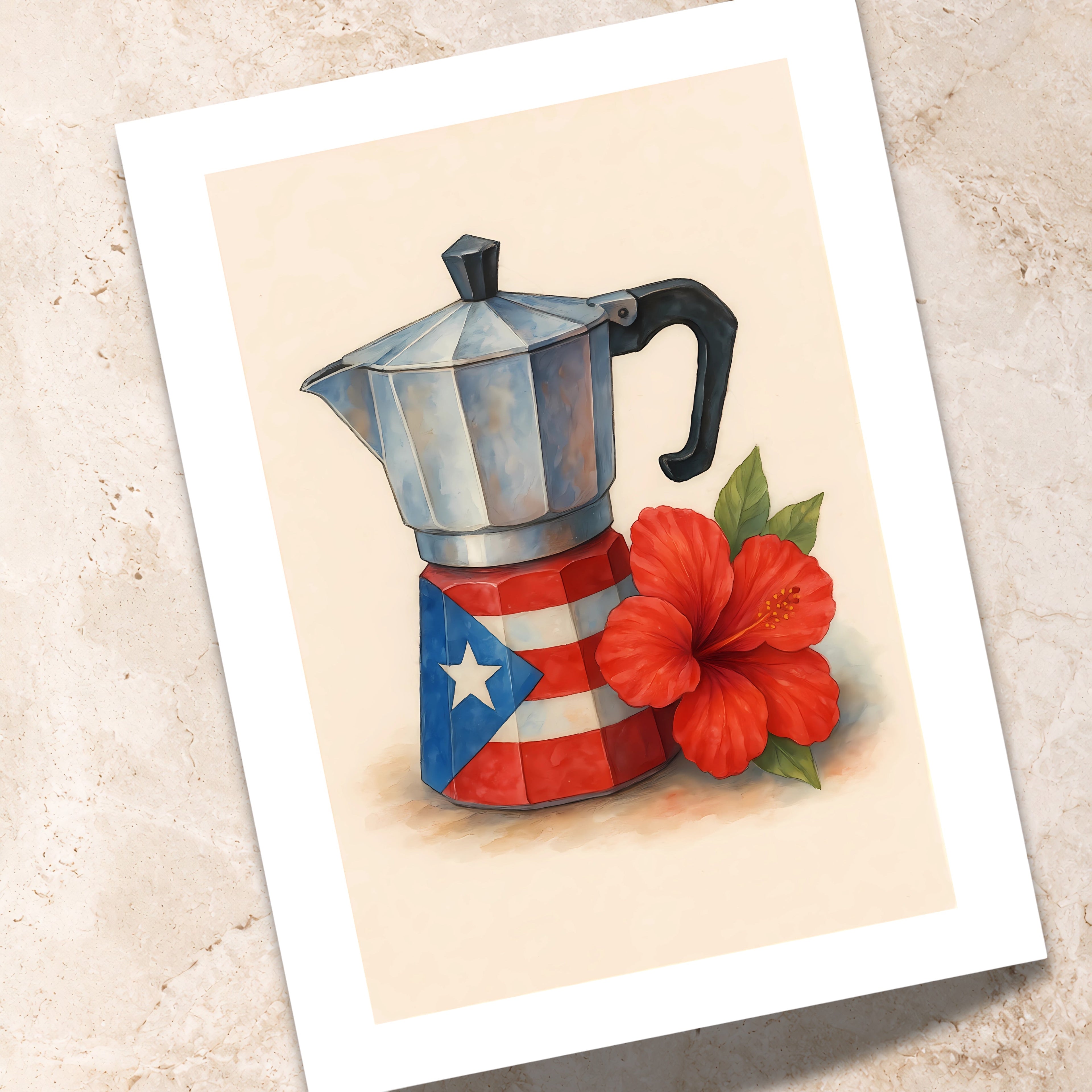 Chévereh Greca Caribeña digital art print featuring a Moka pot decorated with the Puerto Rican flag and a red hibiscus flower.