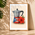 Chévereh Greca Caribeña digital art print featuring a Puerto Rican flag Moka pot with a red hibiscus flower.