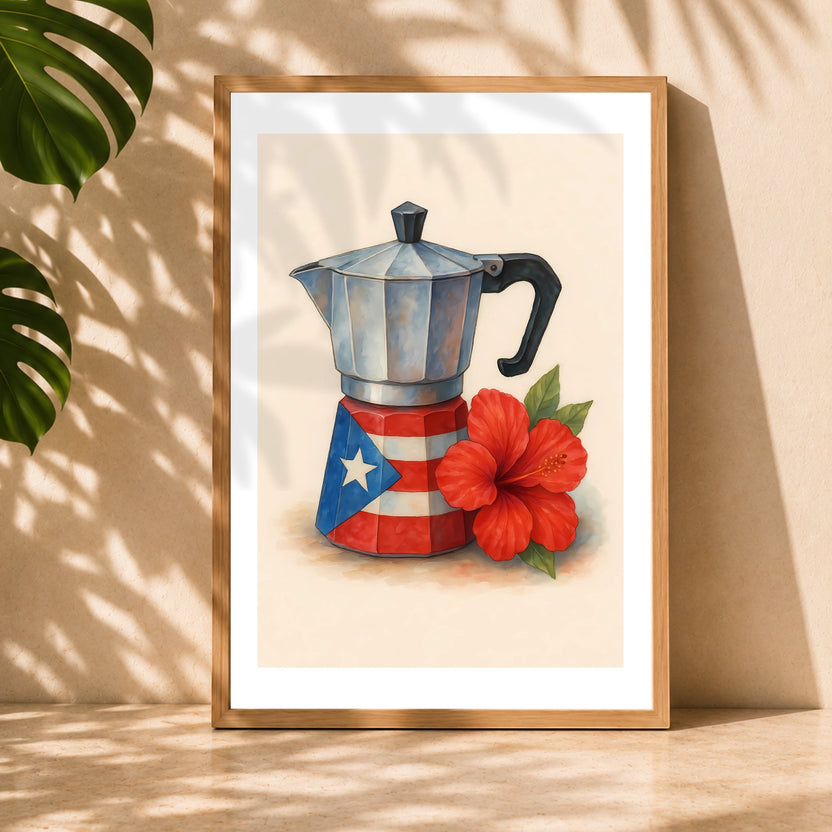 Chévereh Greca Caribeña digital art print featuring a Puerto Rican flag Moka pot with a red hibiscus flower.