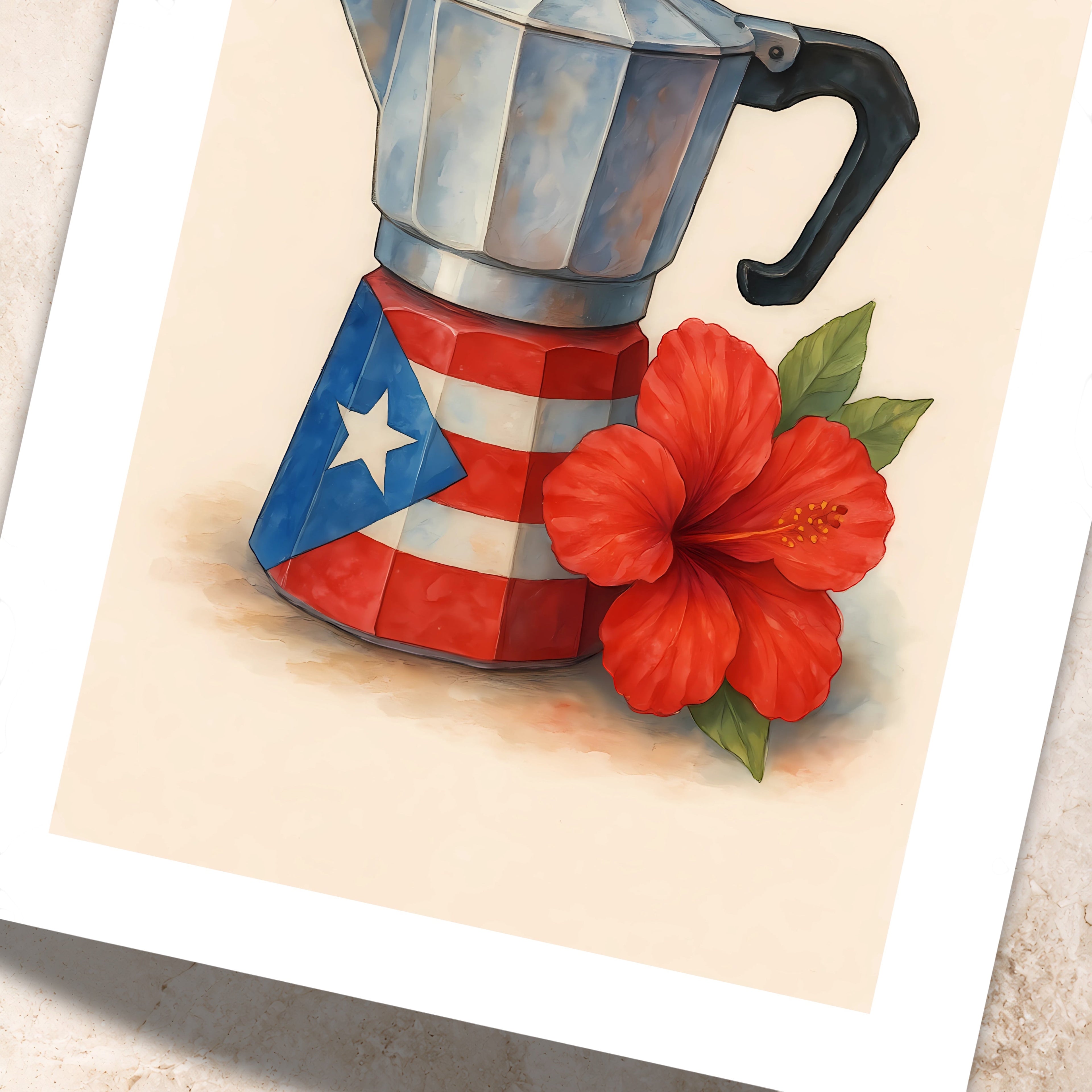 Chévereh Greca Caribeña digital art print featuring a Puerto Rican flag coffee maker and red hibiscus flower.