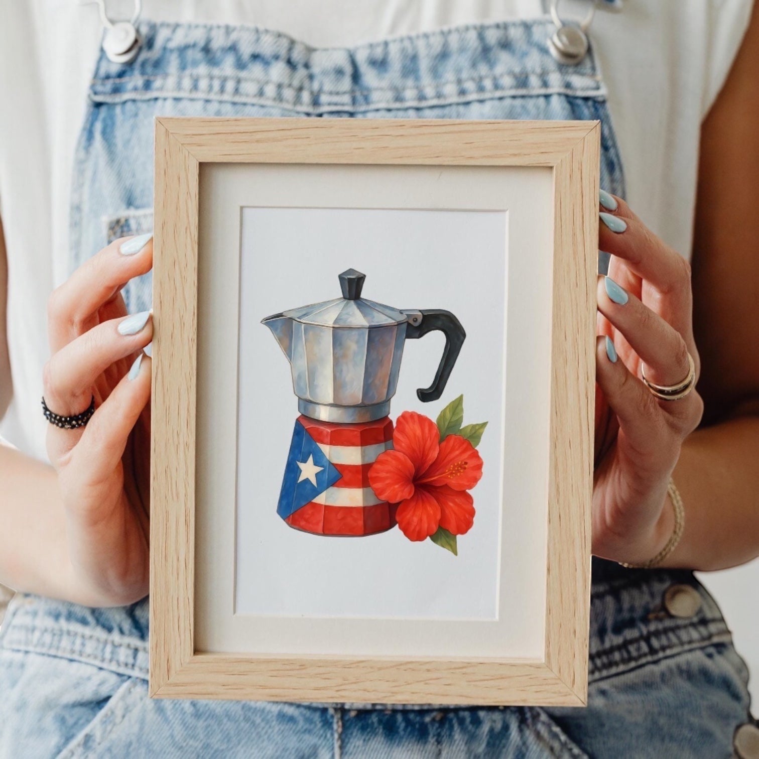 Chévereh Greca Caribeña digital art print featuring a Moka pot with Puerto Rican flag and red hibiscus flower.