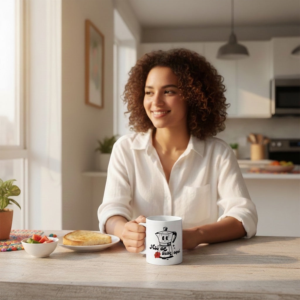Chévereh white ceramic 11 oz mug with a greca coffee maker design and Puerto Rican phrase ‘Así Se Bebe Aquí’