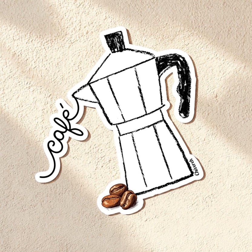 Chévereh Greca coffee maker sticker with 'café' script and coffee beans. Waterproof, glossy finish.