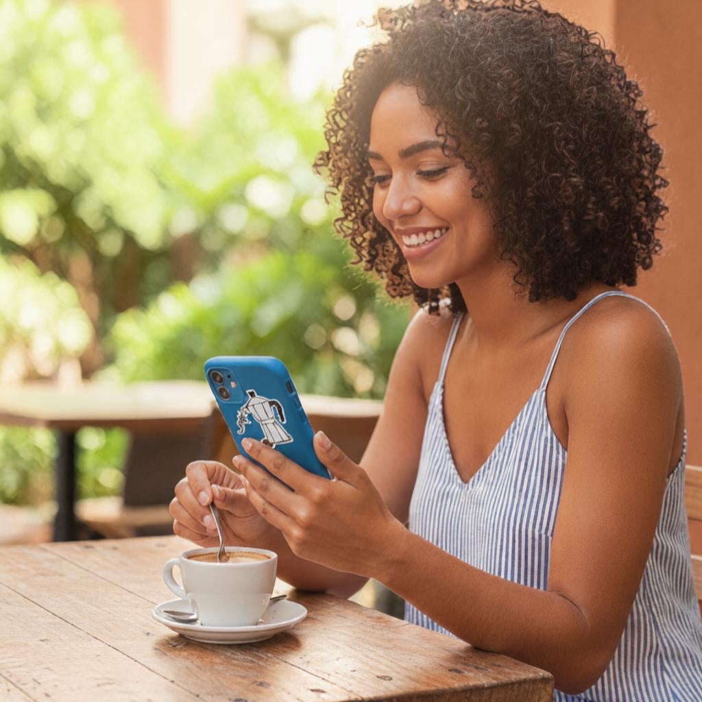 Chévereh Greca sticker on a blue phone case, featuring a traditional coffee maker. Woman holding phone and stirring coffee.
