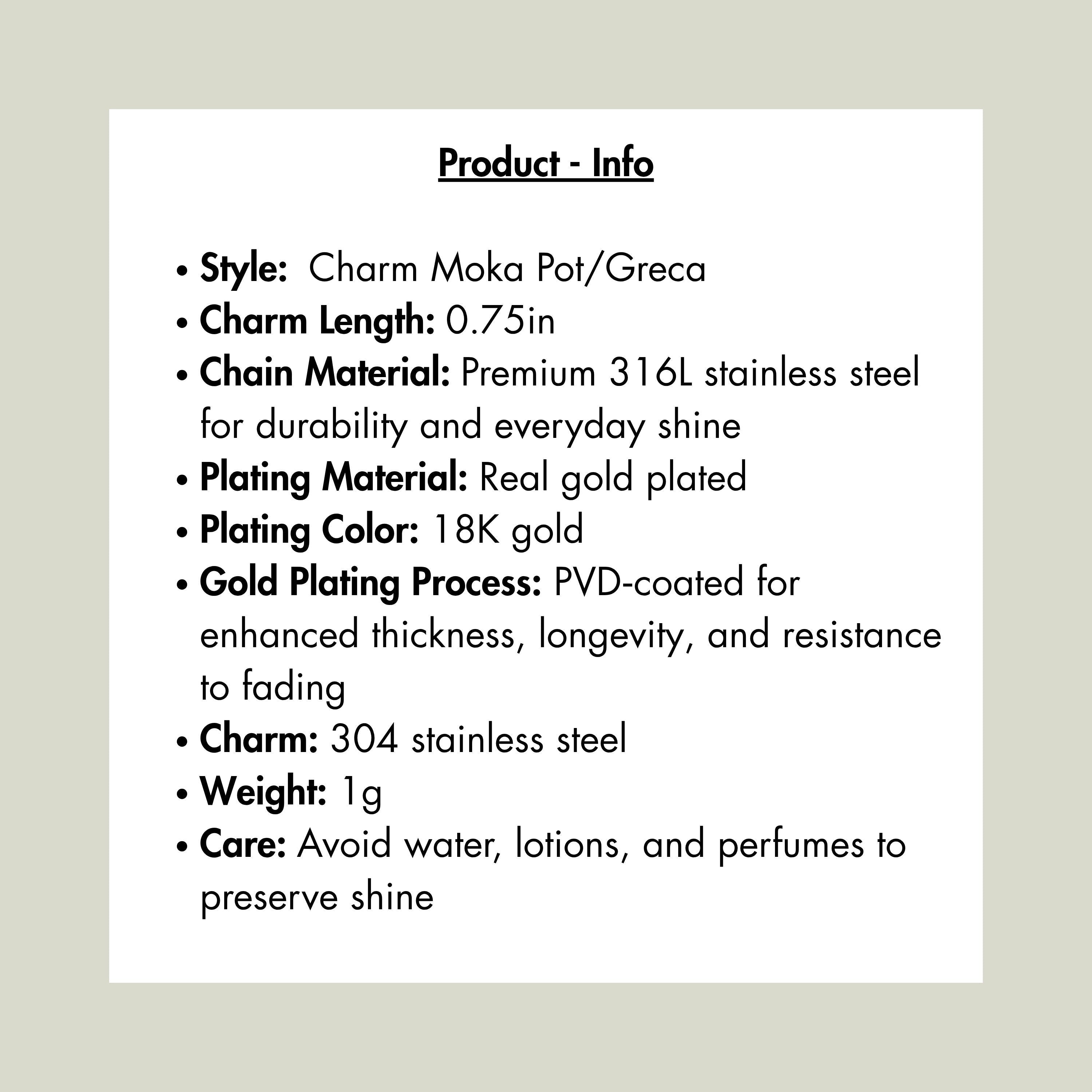 Chévereh Greca Charm Necklace in 18K gold-plated stainless steel, featuring a moka pot charm on a delicate chain.