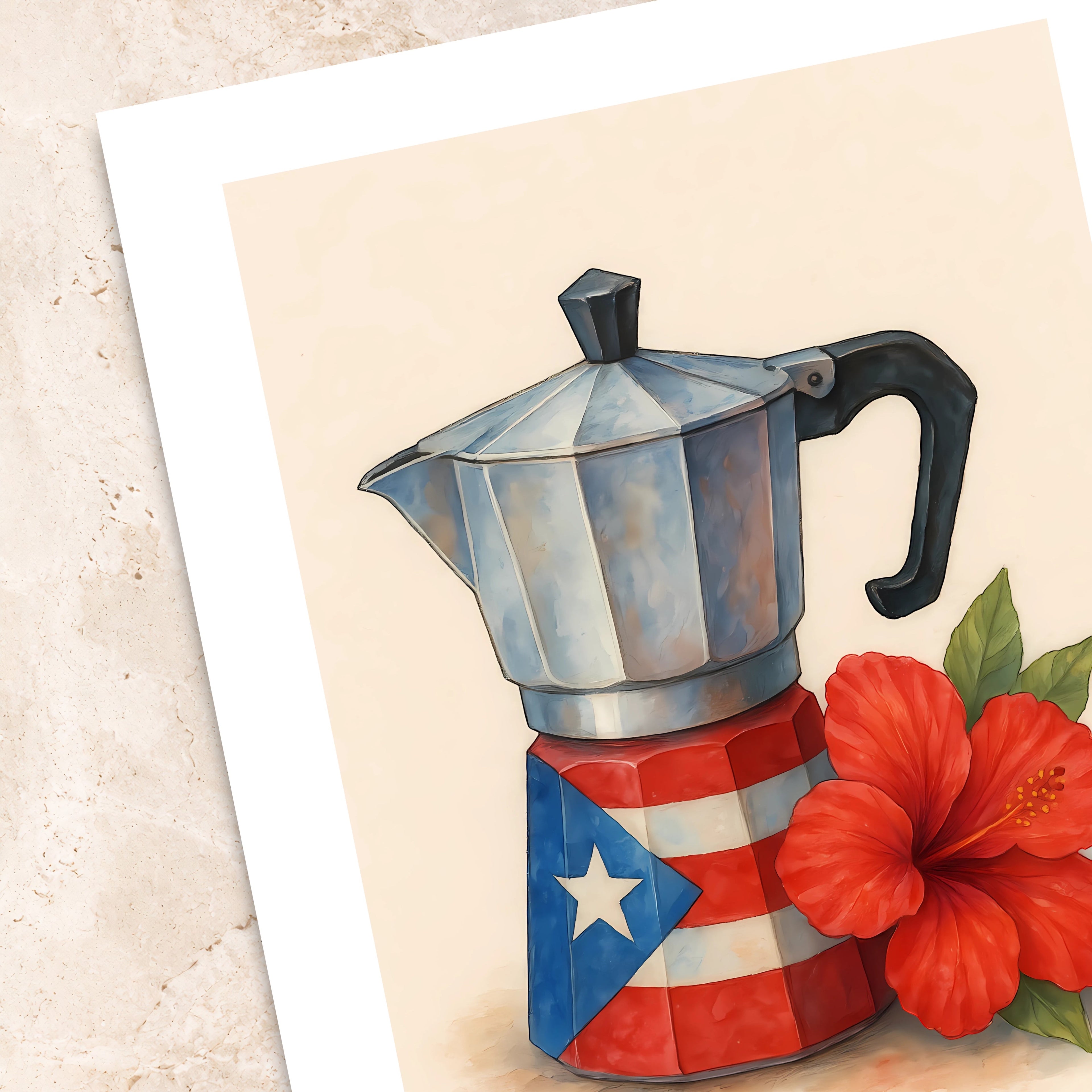 Chévereh Greca Caribeña digital art print featuring a Moka pot decorated with the Puerto Rican flag and a red hibiscus flower.