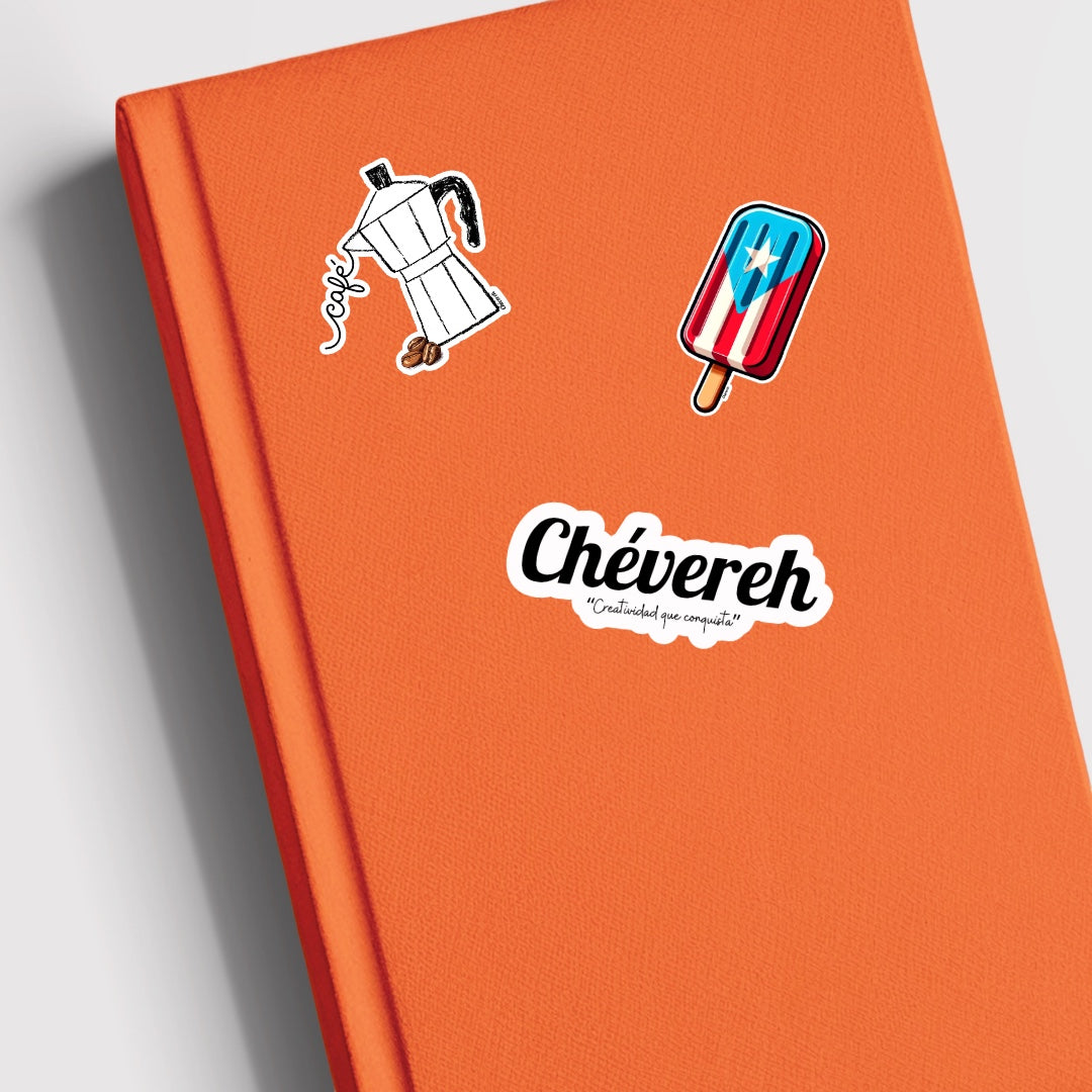 Chévereh Greca sticker, a white illustration of a coffee maker with beans and the word cafe, and a Puerto Rican flag popsicle.