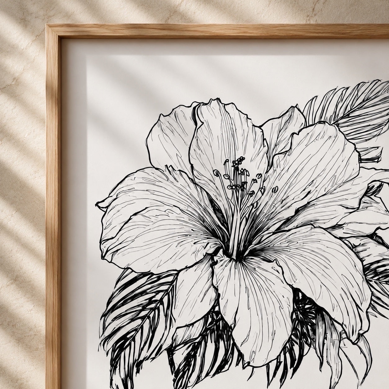 Chévereh tropical hibiscus flower line art print in a minimalist black ink style with a wooden frame.