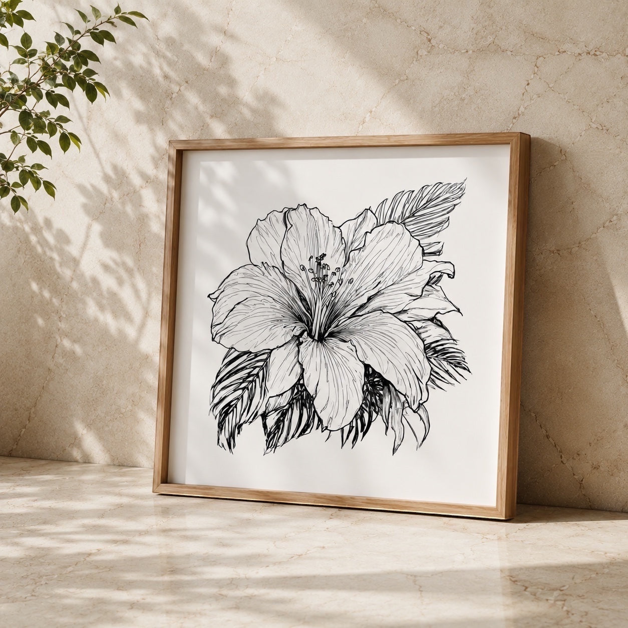 Chévereh tropical hibiscus flower line art print in a light wood frame against a textured beige wall.