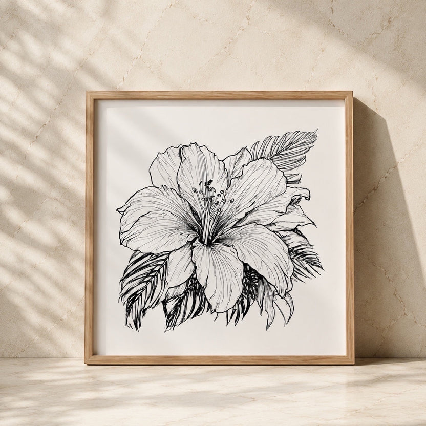Chévereh black and white hibiscus line art print in a light wood frame against a textured beige wall.