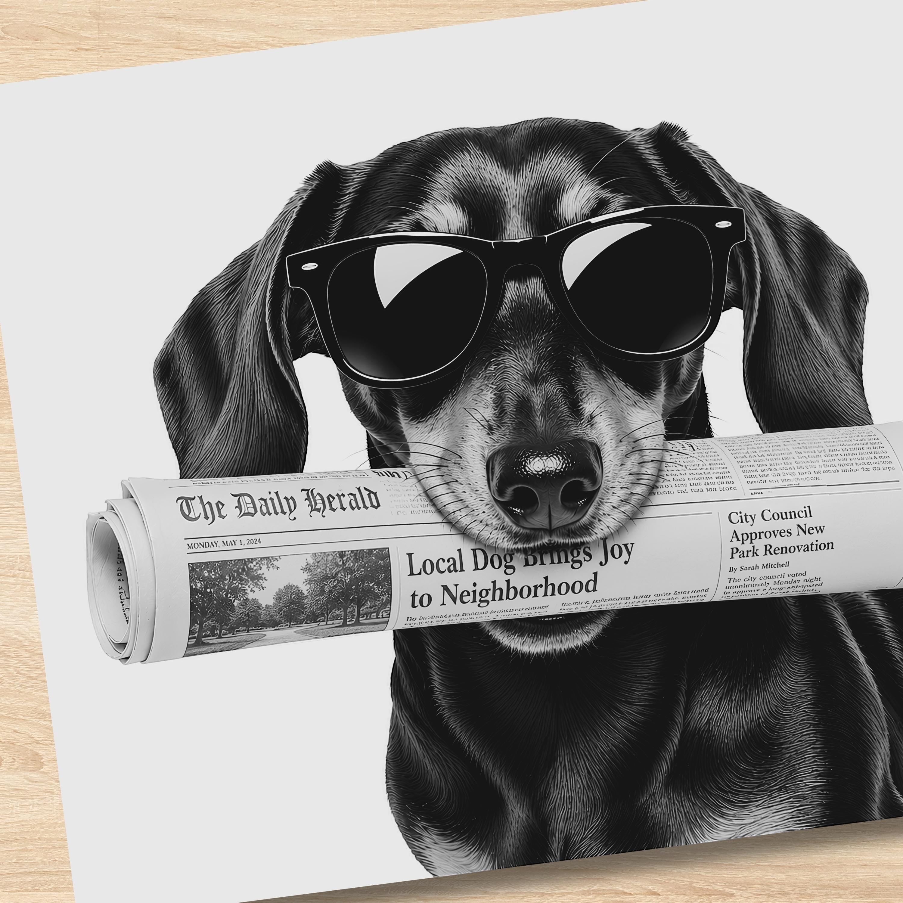 Chévereh black and white digital art print of a hipster dachshund wearing sunglasses and holding a newspaper.