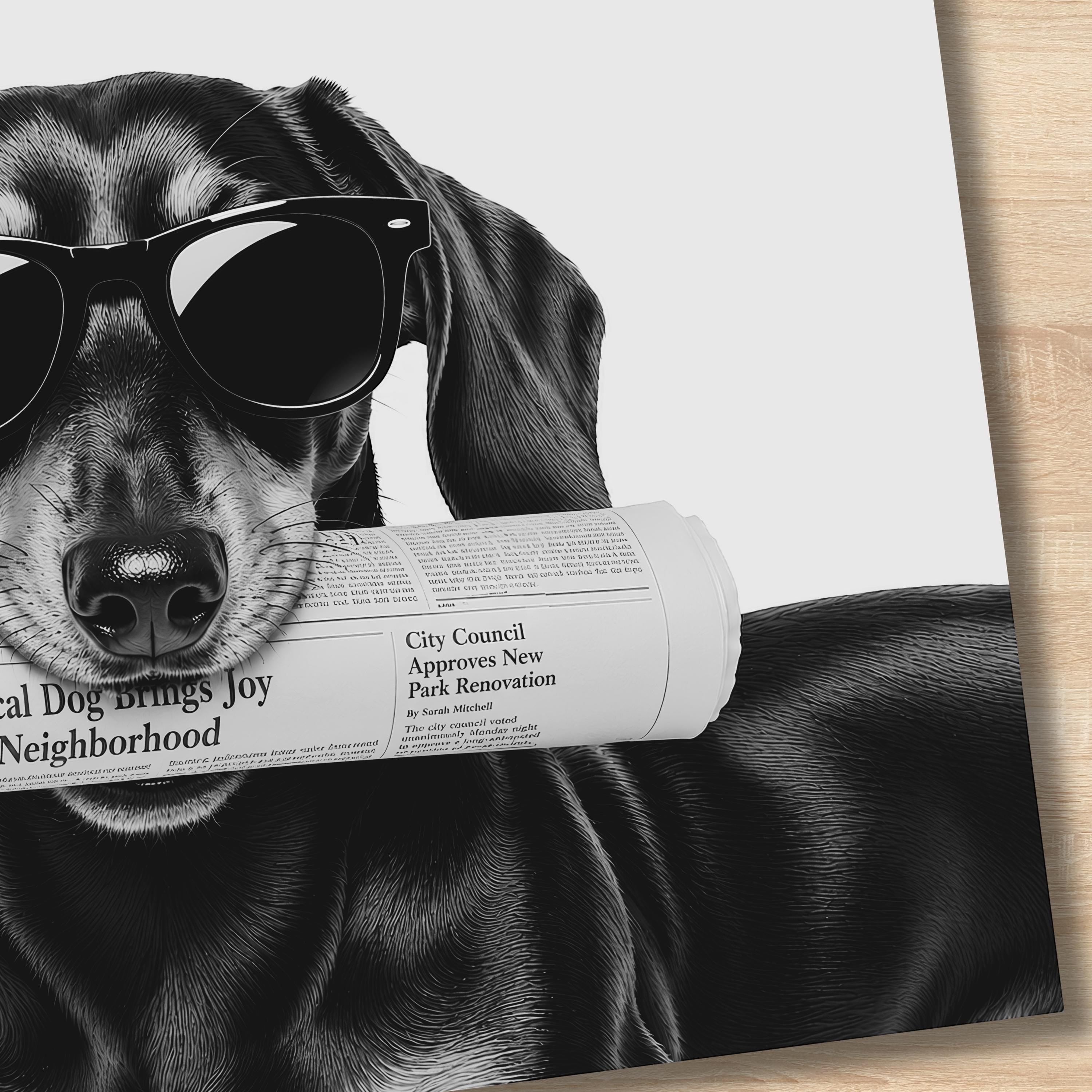 Chévereh black and white digital art print of a hipster dachshund wearing sunglasses and holding a newspaper.