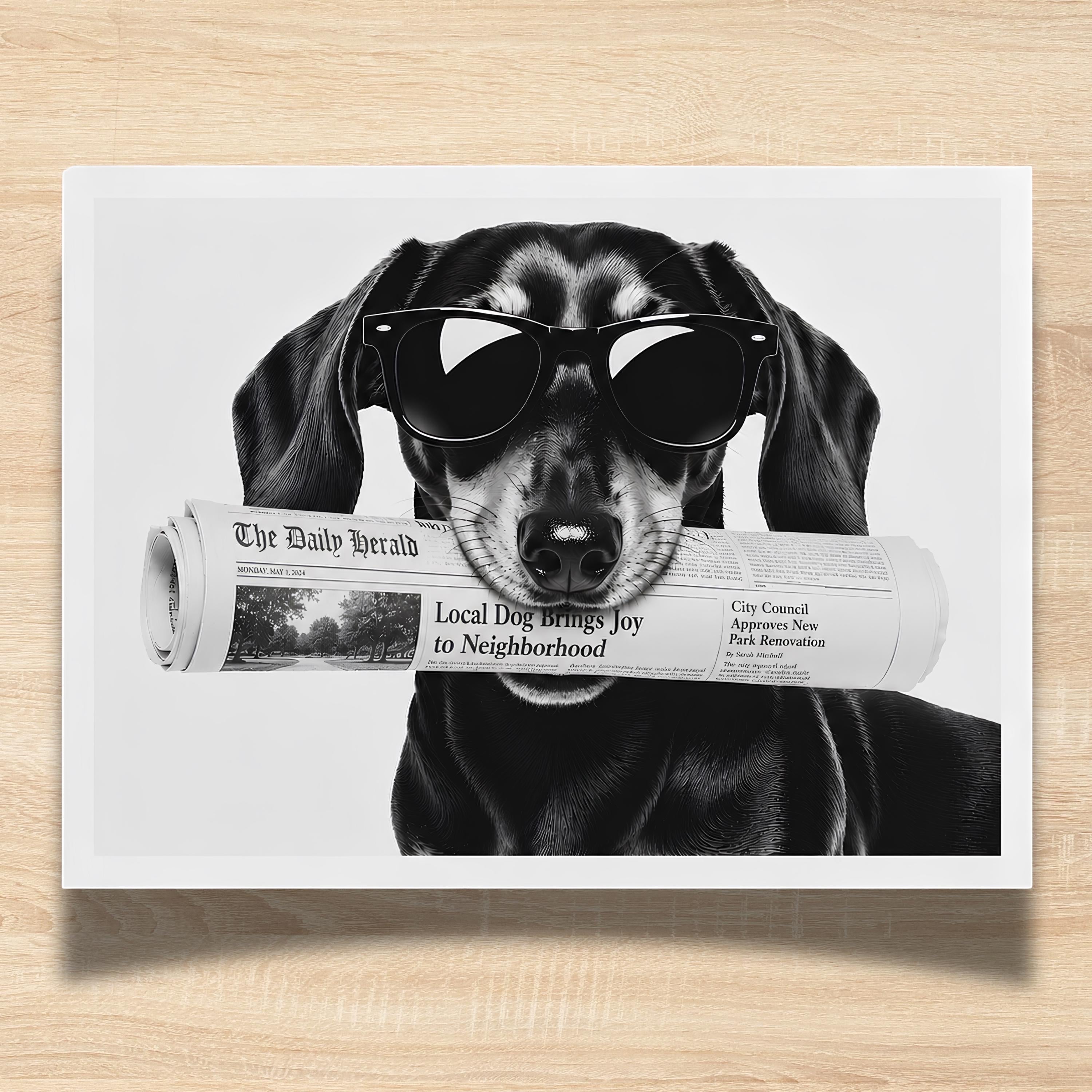 Chévereh black and white digital art print of a hipster dachshund wearing sunglasses and holding a newspaper.