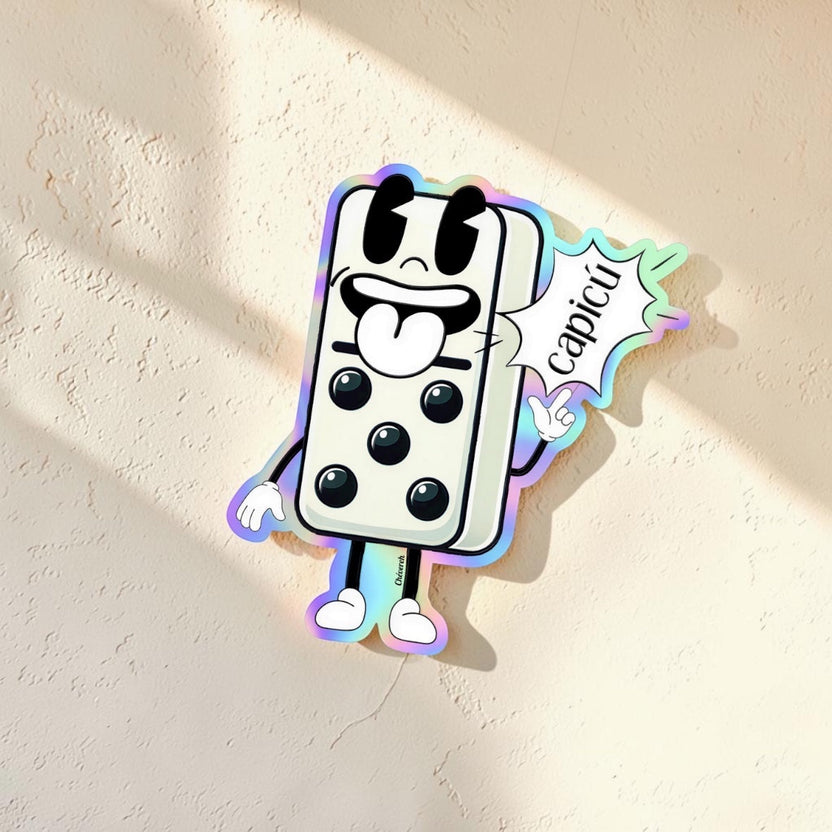 Chévereh holographic Capicú domino sticker with cartoon character and rainbow finish. Waterproof vinyl.