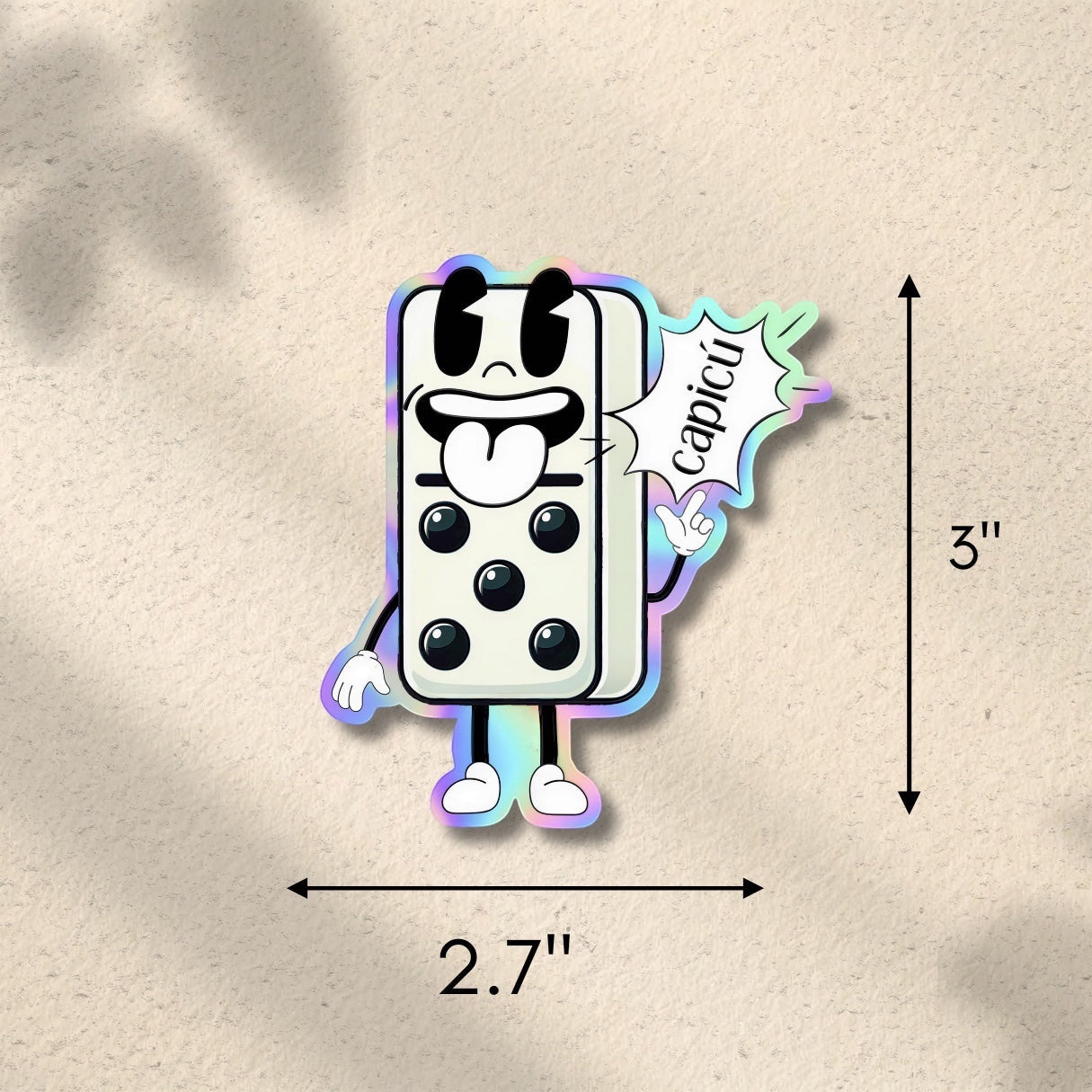 Chévereh holographic Capicú domino sticker with cartoon character and rainbow finish. Waterproof vinyl.
