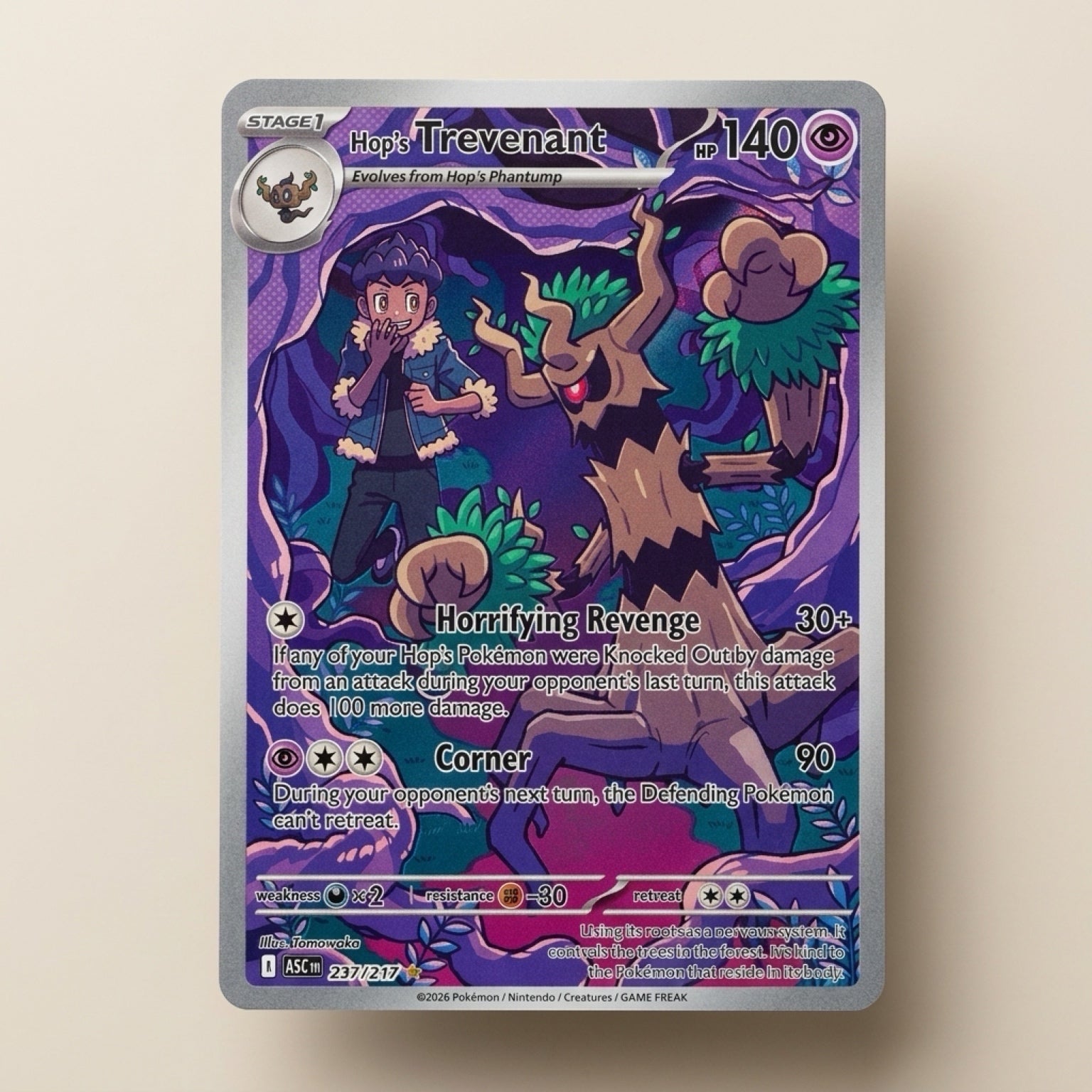 Chévereh Hop’s Trevenant 237/217 Illustration Rare Pokémon card featuring Hop and Trevenant in a purple forest scene.